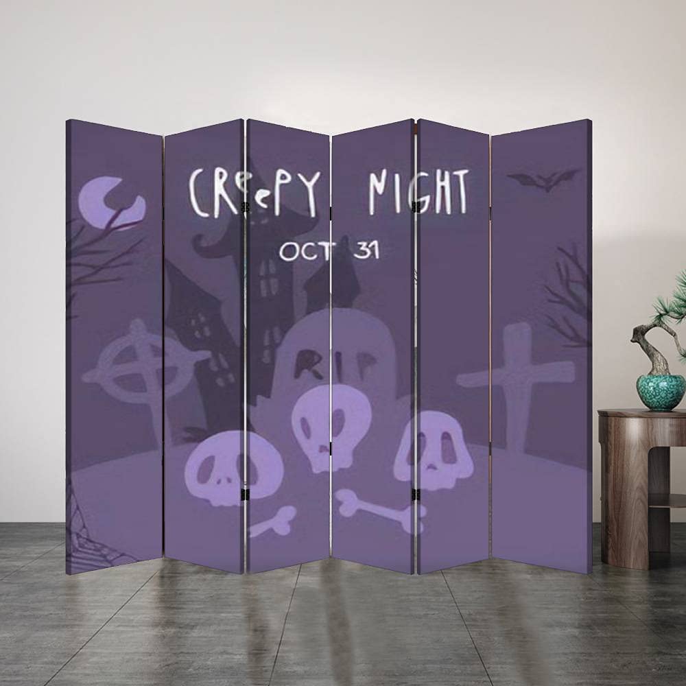 6 Panel Folding Room Divider Screen - Halloween Themed Creepy Castle & Pumpkin Decor for Office, Home, Bathroom Privacy - Canvas Partition Wall Decor for Seasonal Parties & Workspace Separation