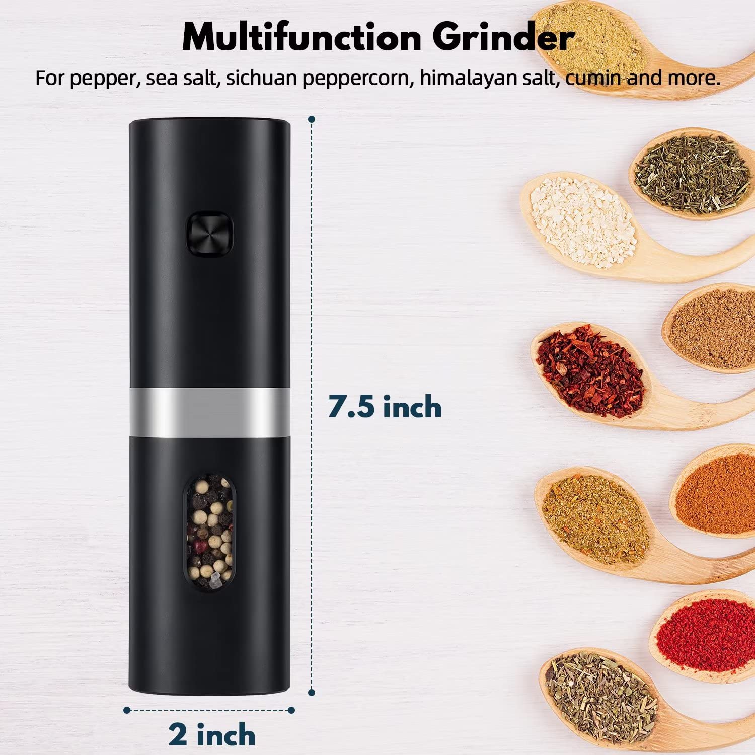 Premium Electric Pepper Grinder & Salt Mill - Battery Operated, Adjustable Coarseness, One-Hand Button Control with LED Light - Refillable Black Peppercorn Grinder (Batteries Not Included) - Perfect for Kitchen, Dining Table & Gourmet Cooking