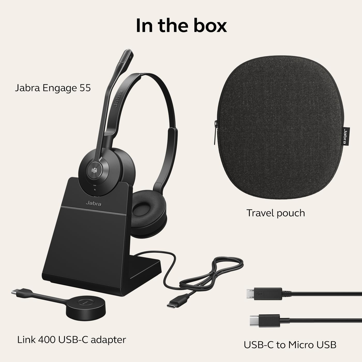 Jabra Engage 55 Stereo Wireless Headset with Link 400 USB-C DECT Adapter & Charging Stand - Noise Cancelling Mic, Long Range - MS Teams Certified, Compatible with Zoom/Slack/Webex - Black - Perfect for Remote Work, Call Centers & Office Professionals