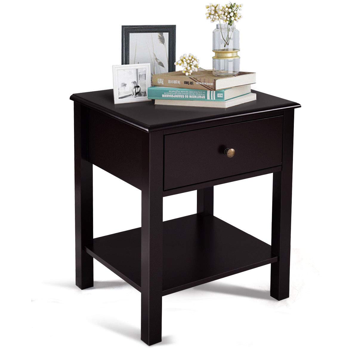 Brown Wood Nightstand with Drawer and Shelf - End Table for Bedroom, Living Room, or Office - Compact Storage & Display Furniture for Small Spaces