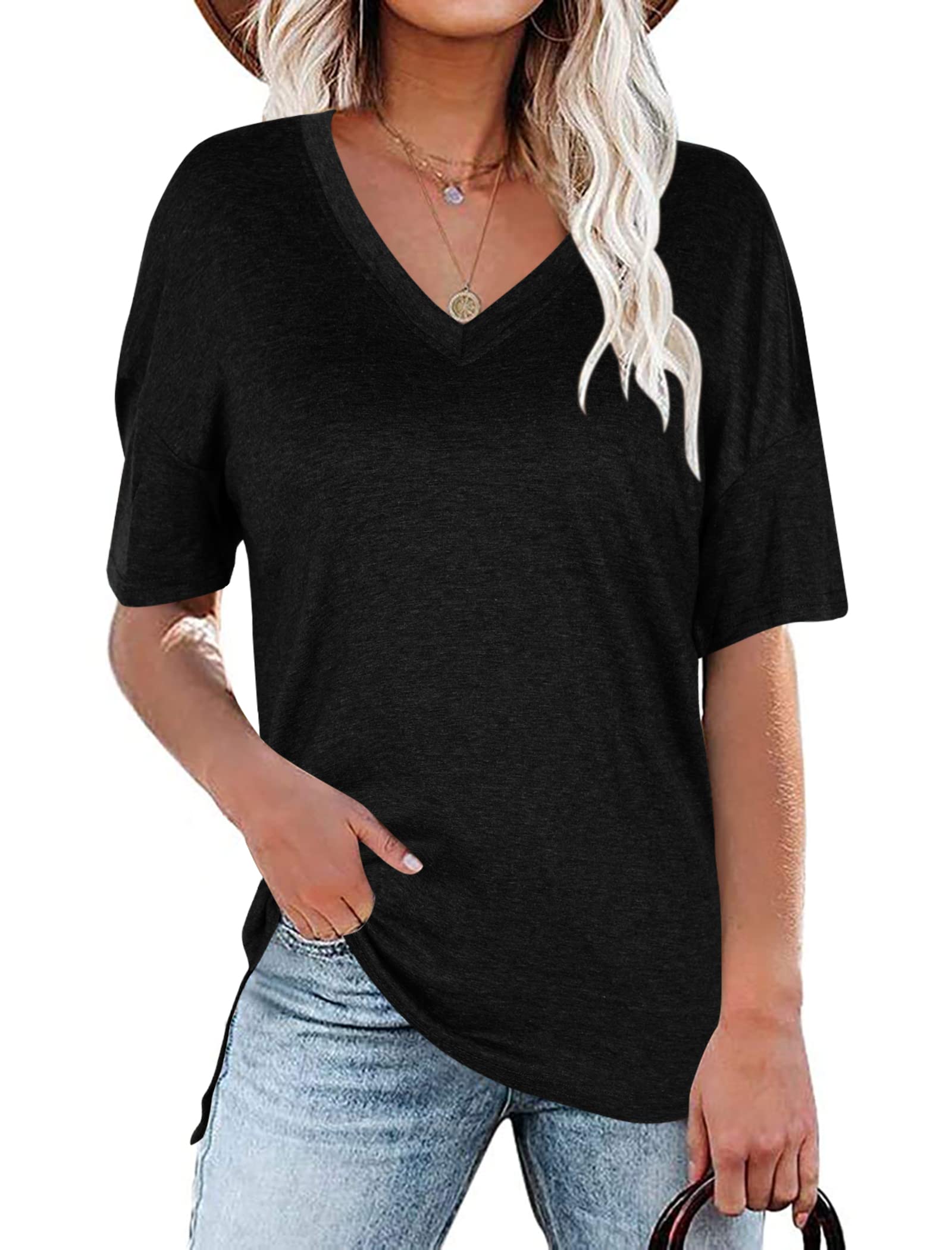 DUTUT Women's Casual V-Neck T-Shirt - Soft Summer Basic Tee, Loose Fit Solid Color Blouse for Everyday Wear, Work & Weekend Outfits