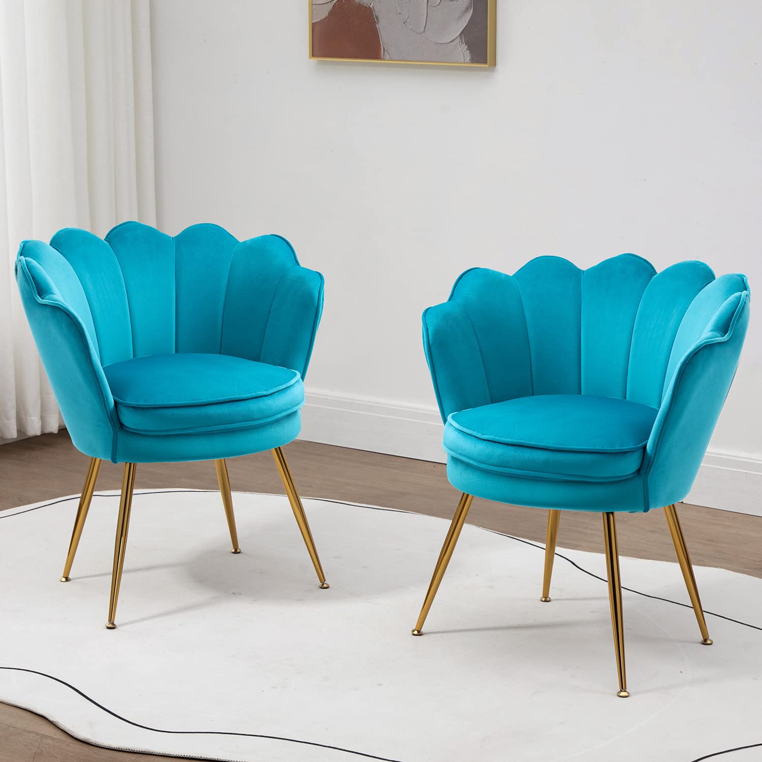 Velvet Accent Chairs Set of 2 - Mid Century Modern Armchairs with Golden Legs for Living Room, Bedroom & Makeup Vanity | Sky Blue Lounge Chairs for Home Decor & Reception Areas