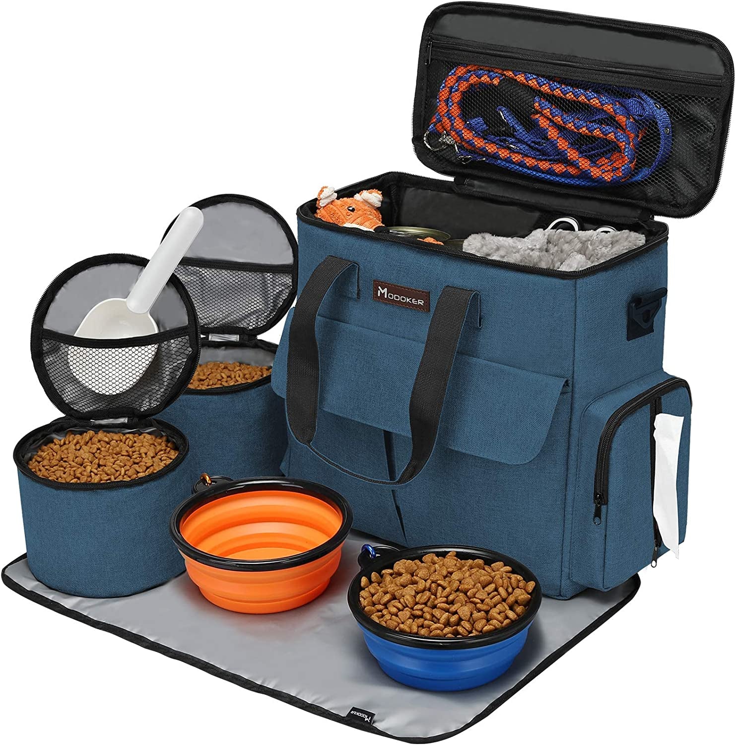 Premium Dog & Cat Travel Bag - Airline Approved Pet Carrier Tote with Multi-Function Pockets, 2 Food Containers, 2 Collapsible Bowls & Feeding Mat (Blue) - Perfect for Weekend Trips, Air Travel & Outdoor Adventures