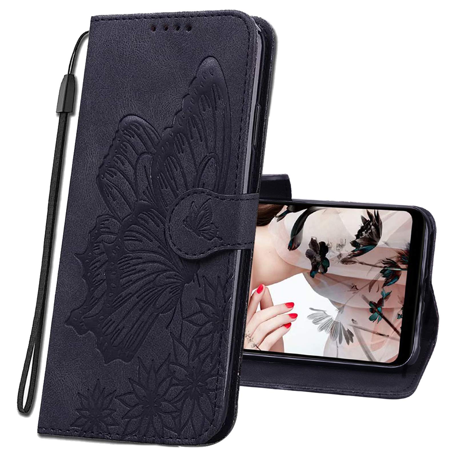 Premium Leather Flip Wallet Case for Samsung Galaxy S9 - Slim Protective Cover with Magnetic Closure & Card Holder | Butterfly Black CY3 | Perfect for Business, Travel & Everyday Use
