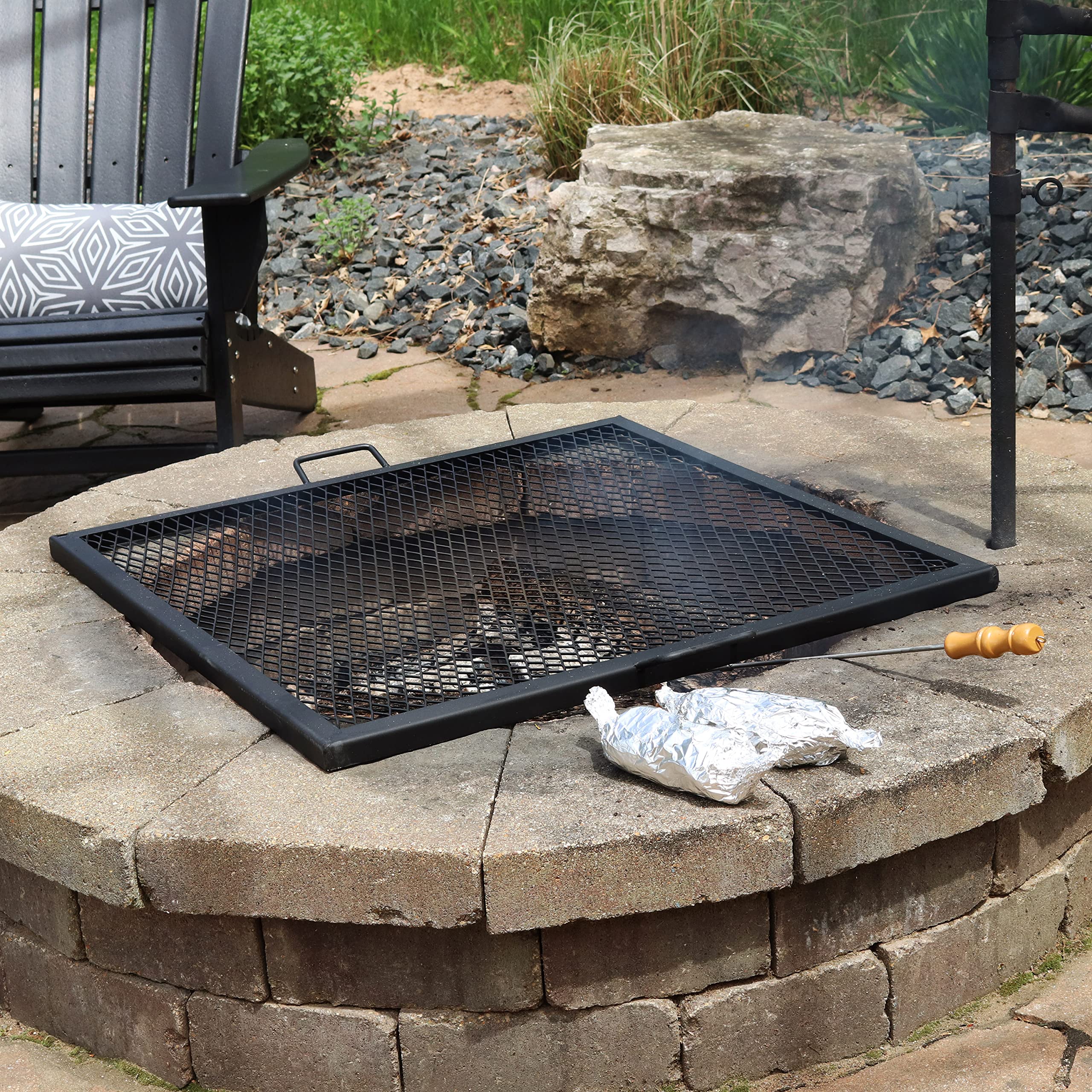 Sunnydaze X-Marks 24-Inch Square Black Steel Fire Pit Cooking Grate with Handles - Heavy Duty BBQ Grill for Camping, Backyard, Patio & Outdoor Cooking