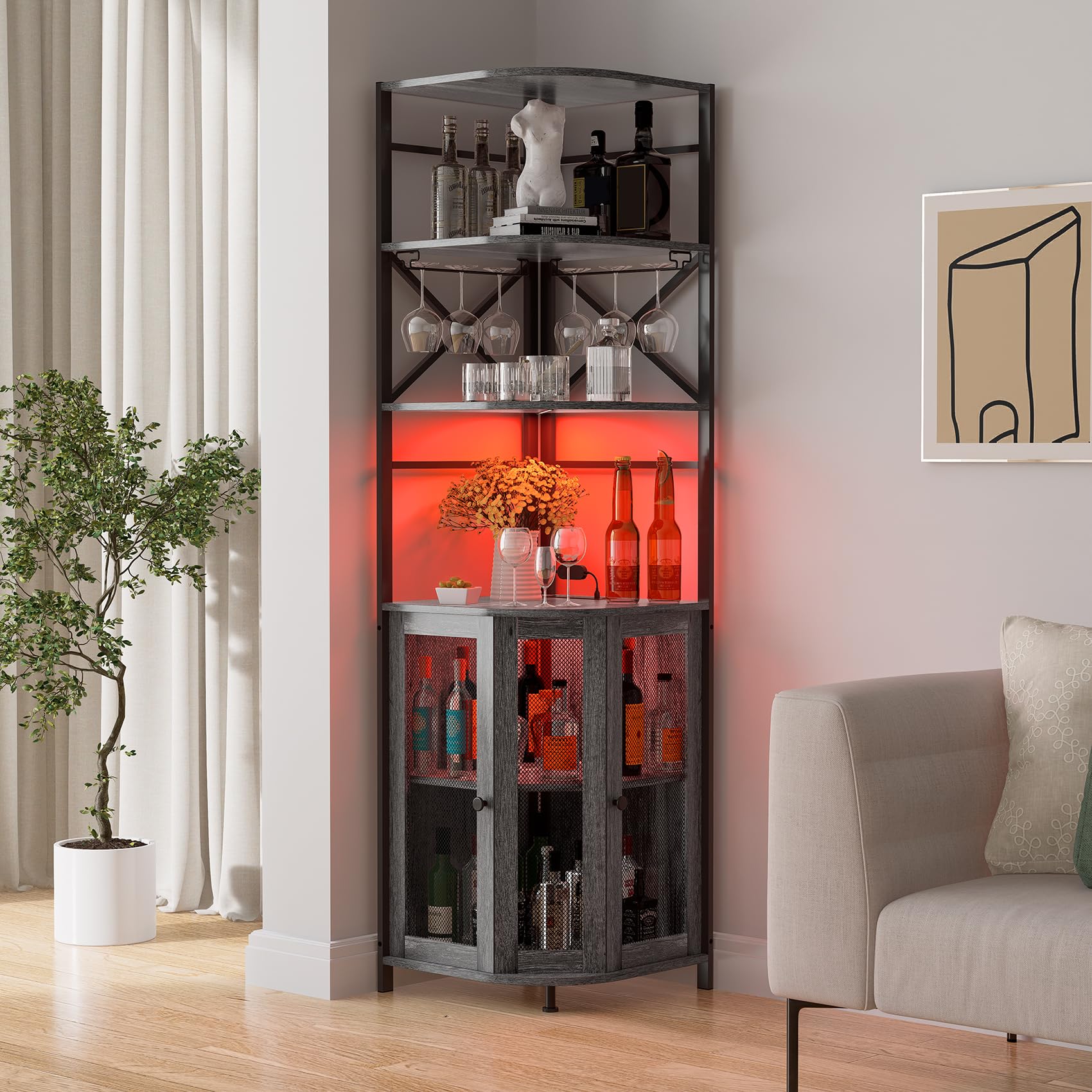 6-Tier Industrial Wine Bar Cabinet with LED Light, Power Outlet & Adjustable Shelves - Corner Liquor Storage with Glass Holder & Mesh Door - Perfect for Home Bars, Dining Rooms & Entertaining Guests