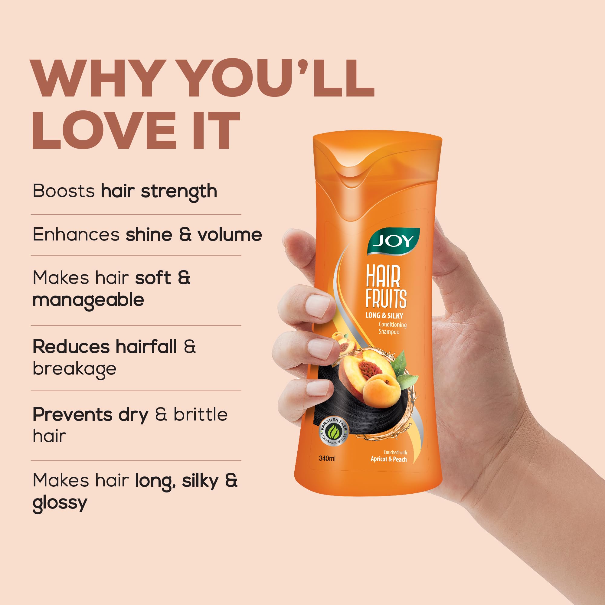 Joy Apricot & Peach Hair Growth Shampoo (340ml x 2 Pack) - Natural Conditioning Formula for Long, Soft & Silky Hair - Sulfate & Paraben Free - Ideal for Daily Hair Care & Scalp Nourishment