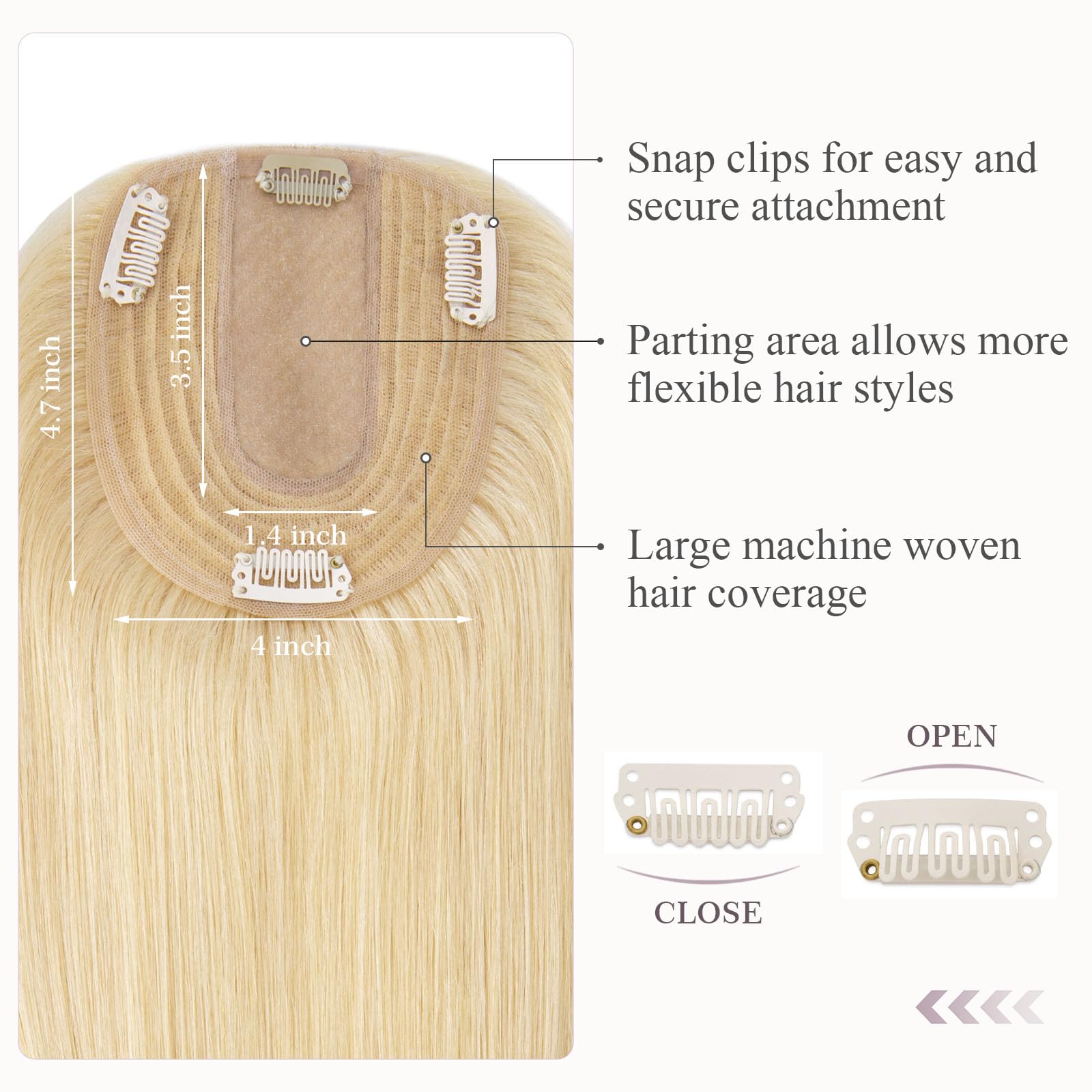 Hairro 100% Human Hair Topper with Silk Base – 18 Inch Bleach Blonde Clip-in Hairpiece for Women (4