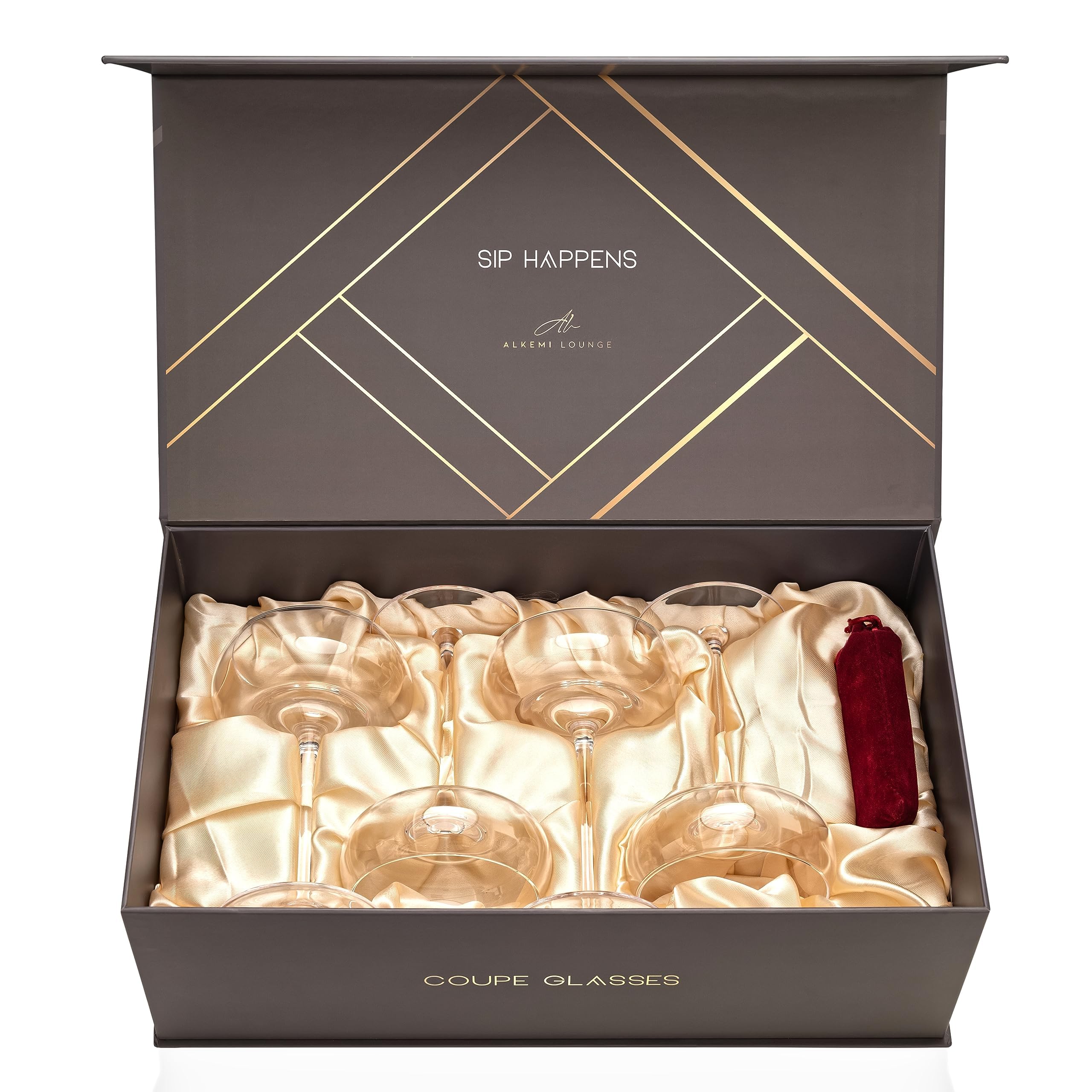 Premium Handcrafted 8 Oz Coupe Glasses Set of 4 - Vintage Champagne & Martini Glasses with Garnish Picks - Luxury Cocktail Glasses in Gift Box - Perfect for Home Bars, Wedding Toasts & Cocktail Parties