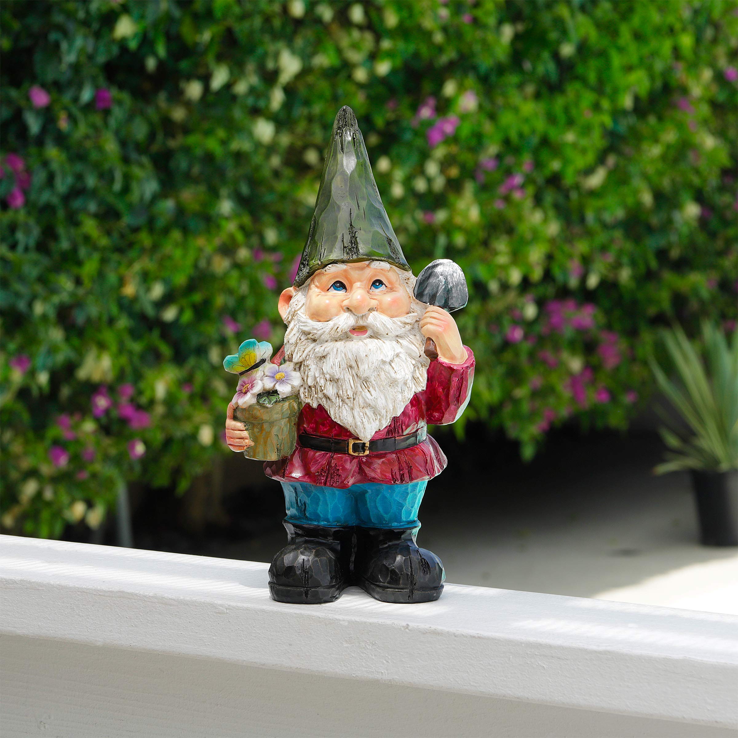 Alpine Corporation 12 Inch Tall Outdoor Garden Gnome Statue with Flower Pot - Cute Yard Decoration for Lawn, Patio & Garden Decor