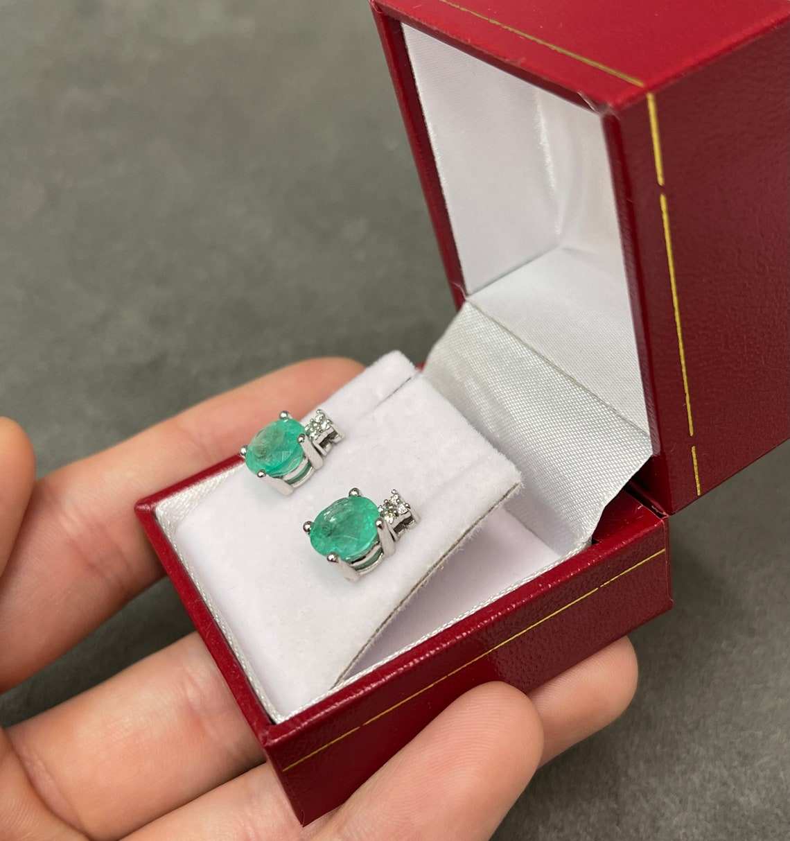 4.32tcw Round Cut Rich Blue-Green Colombian Emerald & 3 Diamond Accent 14K Gold Stackable Stud Earrings - Perfect for Weddings, Parties & Everyday Elegance