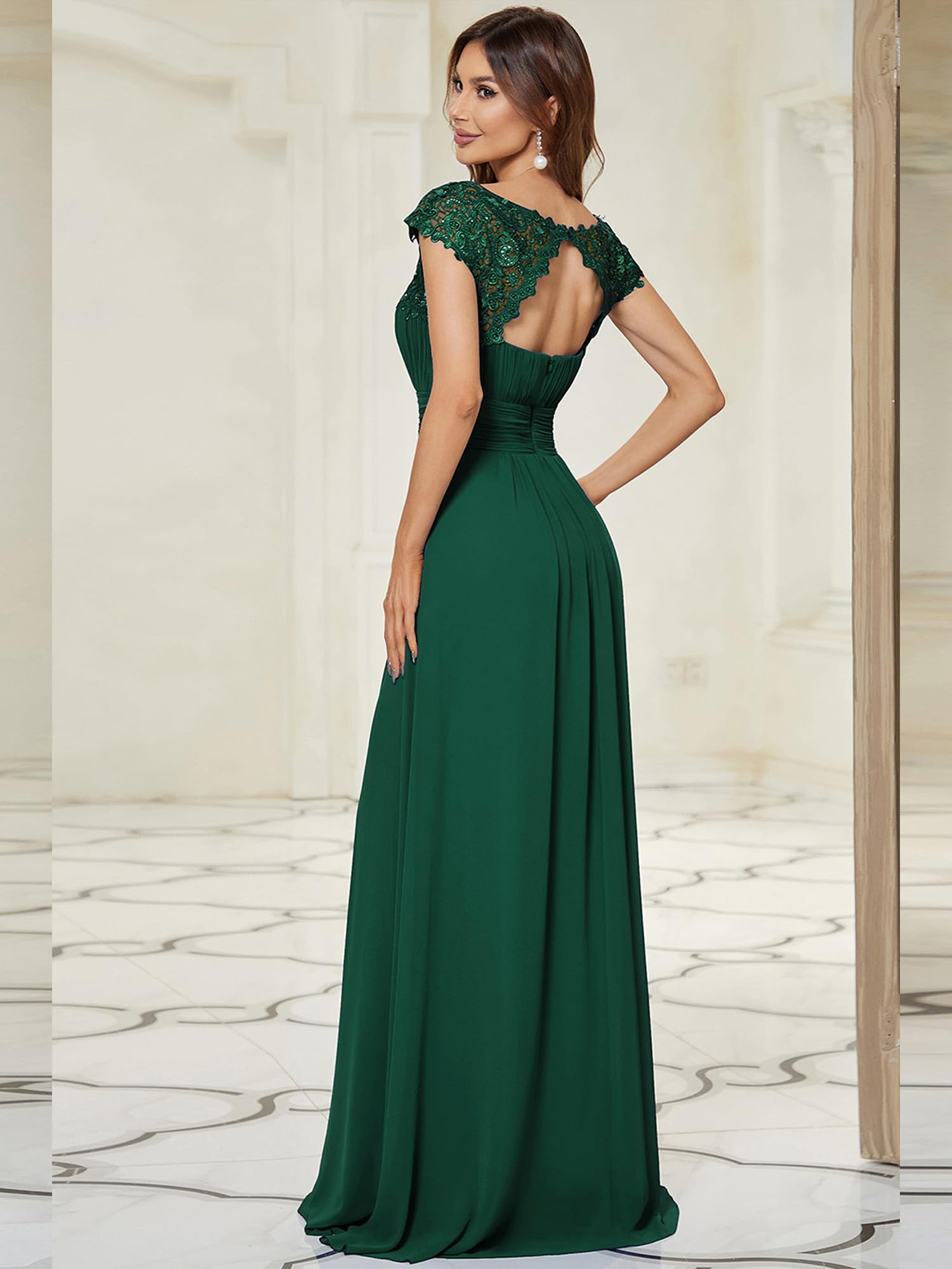 Ever-Pretty Women's Elegant Cap Sleeve Ruched Lace Chiffon Evening Gown - Formal Party Dress for Prom, Wedding, Cocktail & Special Occasions
