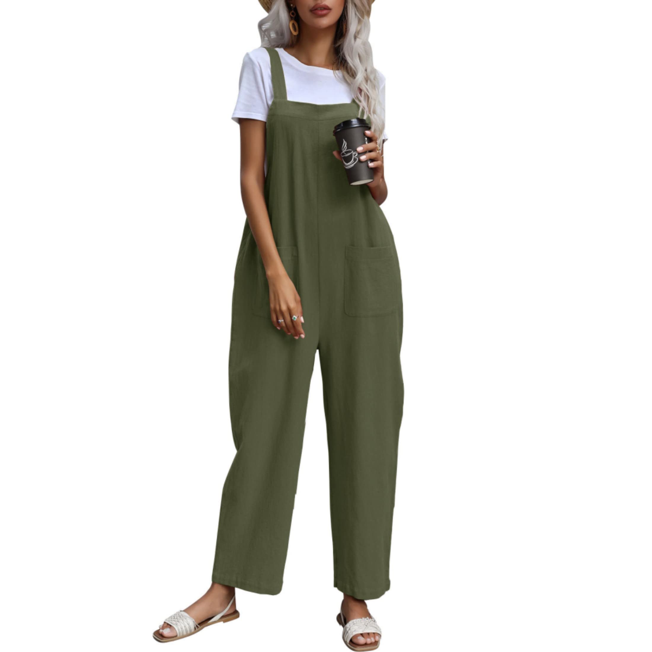 Zontroldy Women's Summer Sleeveless Cotton Linen Romper Overalls - Baggy Strap Wide Leg Jumpsuit with Pockets | Casual Outfit for Beach, Vacation & Outdoor Activities
