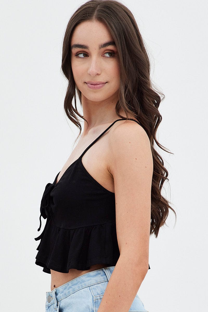 Black Cami Top with Peplum Hem - Women's Fashion Stretch Sleeveless Blouse for Casual Wear & Night Out
