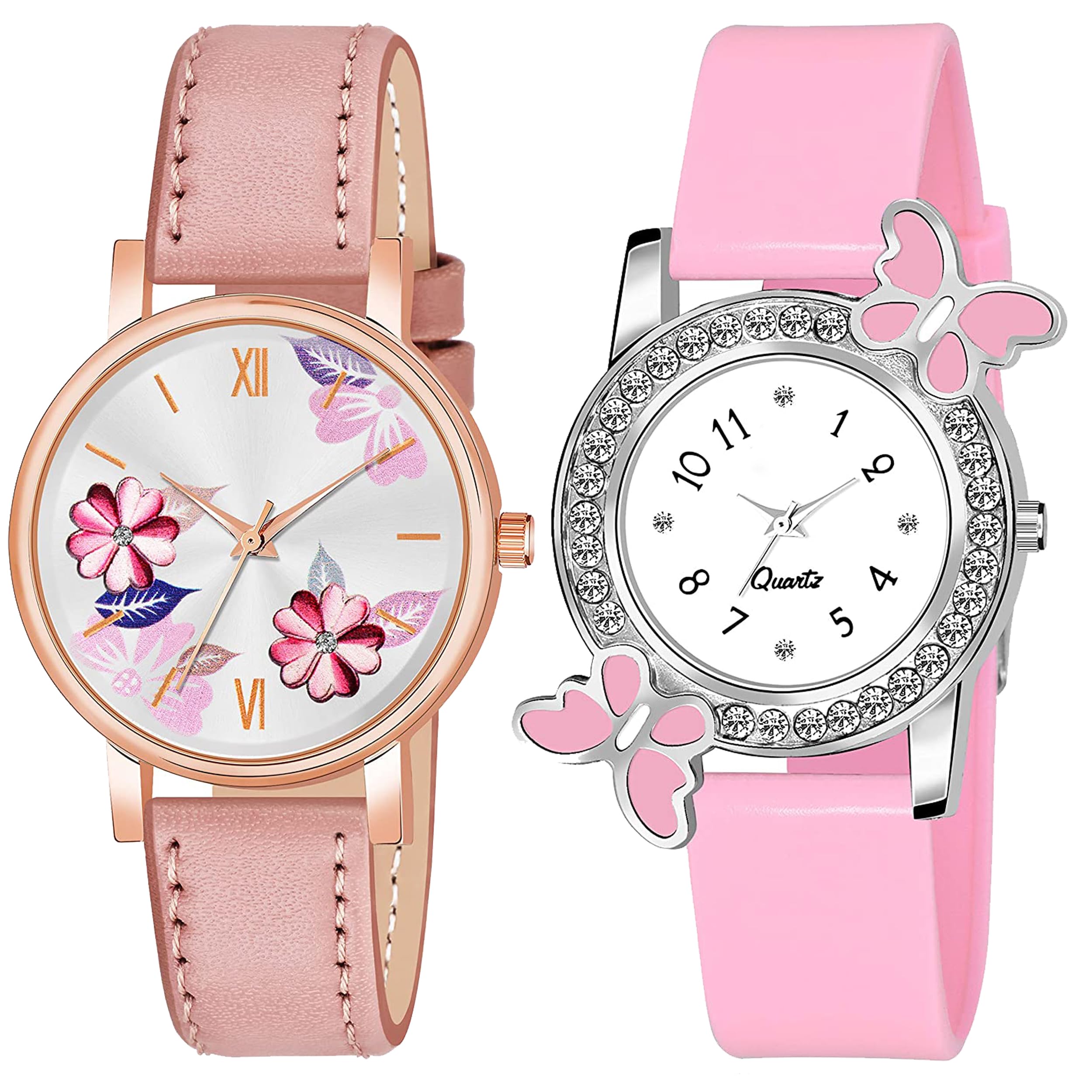 2-Pack Multi-Color Rubber & Leather Strap Watches for Girls - Fashionable & Durable Wristwatches for School, Sports, and Everyday Wear