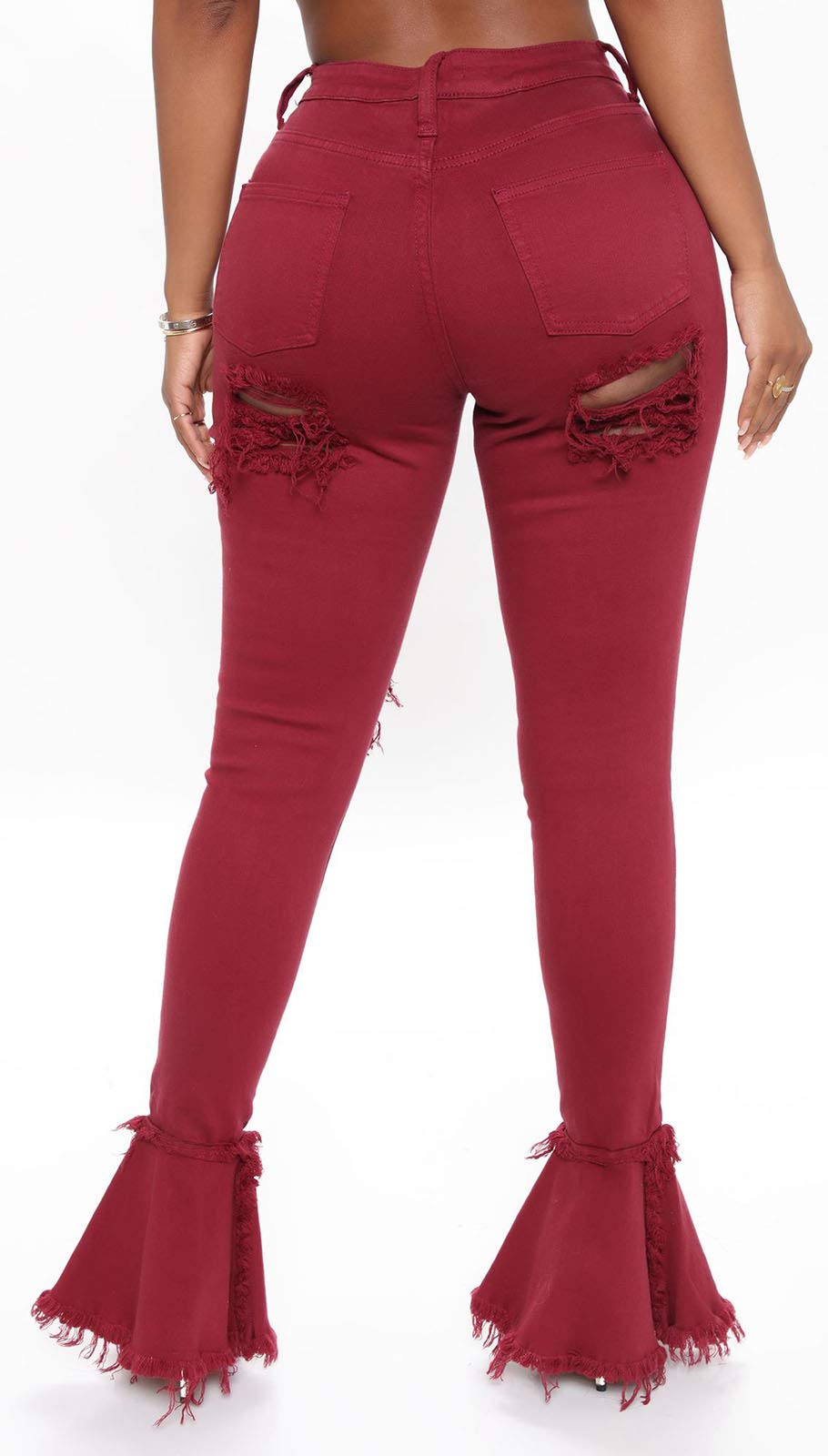 Women's High Waist Bell Bottom Jeans - Distressed Ripped Flare Denim Pants with Elastic Waist & Raw Hem | Retro 70s Style for Casual Outfits & Music Festivals