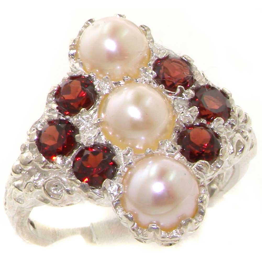 925 Sterling Silver Cultured Pearl & Garnet Women's Band Ring - Elegant Jewelry Gift for Her, Anniversary, Wedding, Party & Everyday Wear