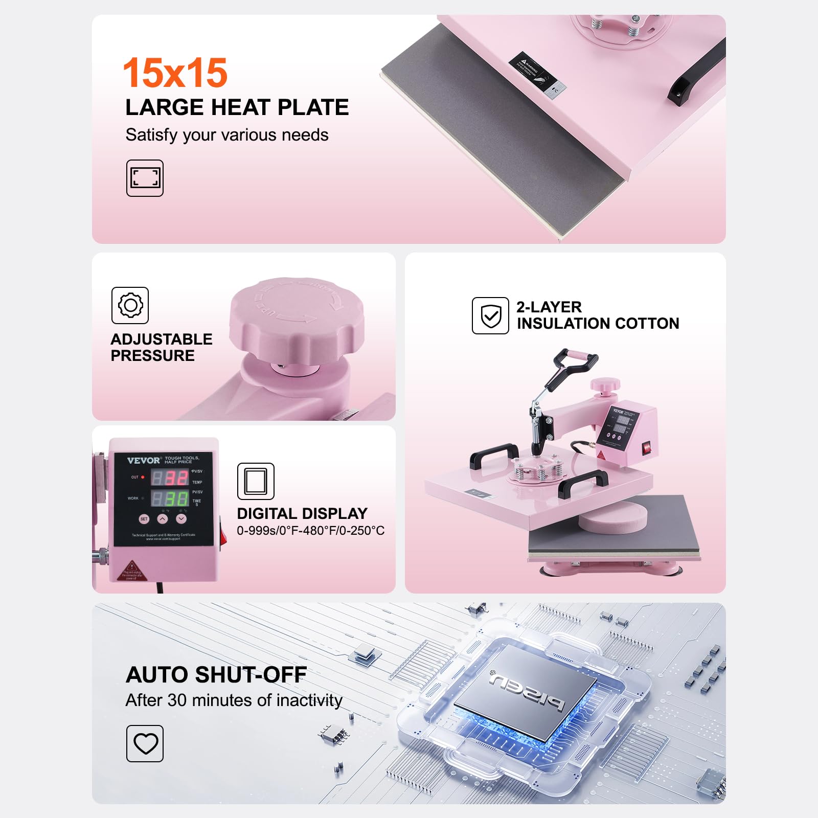 VEVOR 15x15 Inch 5-in-1 Heat Press Machine for T-Shirts, Hats, Mugs & Plates - Includes 30oz Tumbler Press - Perfect for Sublimation, DIY Crafts & Small Business (Pink)