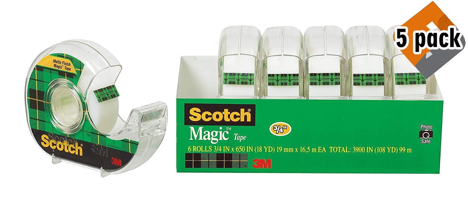 Scotch Brand Magic Tape 5 Pack - 6 Dispensered Rolls, Writeable, Invisible Repair Tape for Gifts, Documents & Crafts | 3/4 x 650 Inches (6122) | Perfect for Wrapping Presents, Sealing Envelopes & Office Use
