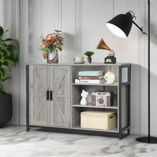 WEENFON Industrial Storage Cabinet with 2 Barn Doors - Adjustable Shelves Buffet Sideboard for Dining Room, Living Room & Kitchen - Grey | Perfect for Home Organization, Farmhouse Decor & Small Space Storage Solutions