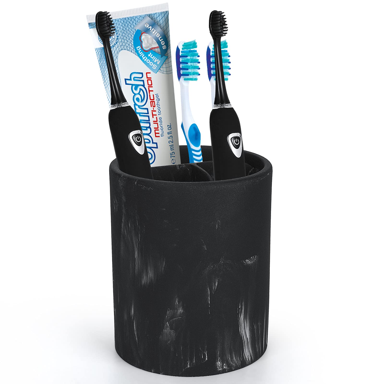 Black Marble Toothbrush Holder Stand - 3 Slot Bathroom Organizer for Electric Toothbrush, Toothpaste, Makeup Brushes & Razors | Countertop Storage Cup for Modern Bathroom Decor