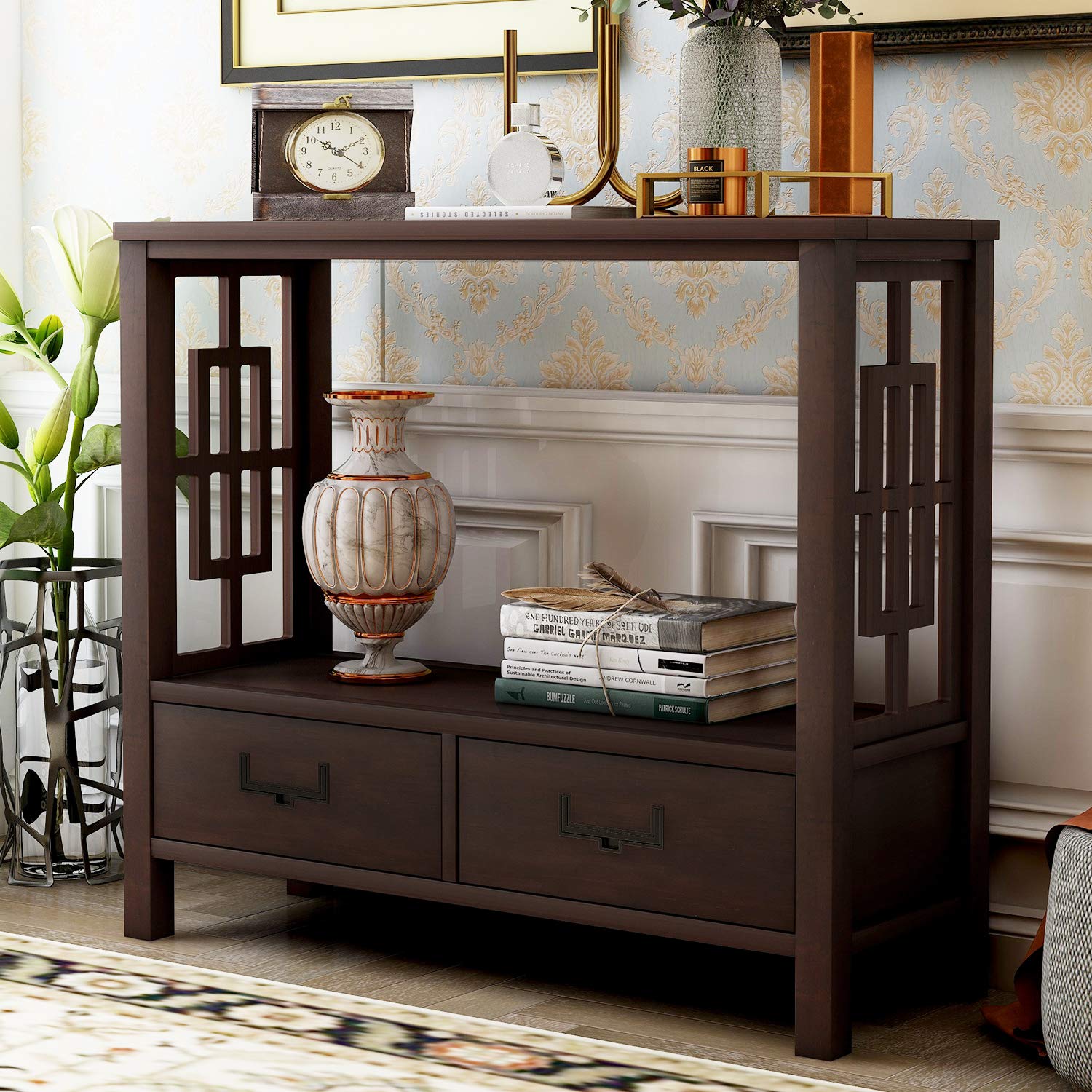 Modern Espresso Console Sofa Table with 2 Drawers - Easy Assembly Entryway & Hallway Table for Living Room, Bedroom, or Office - Perfect for Storage & Decor