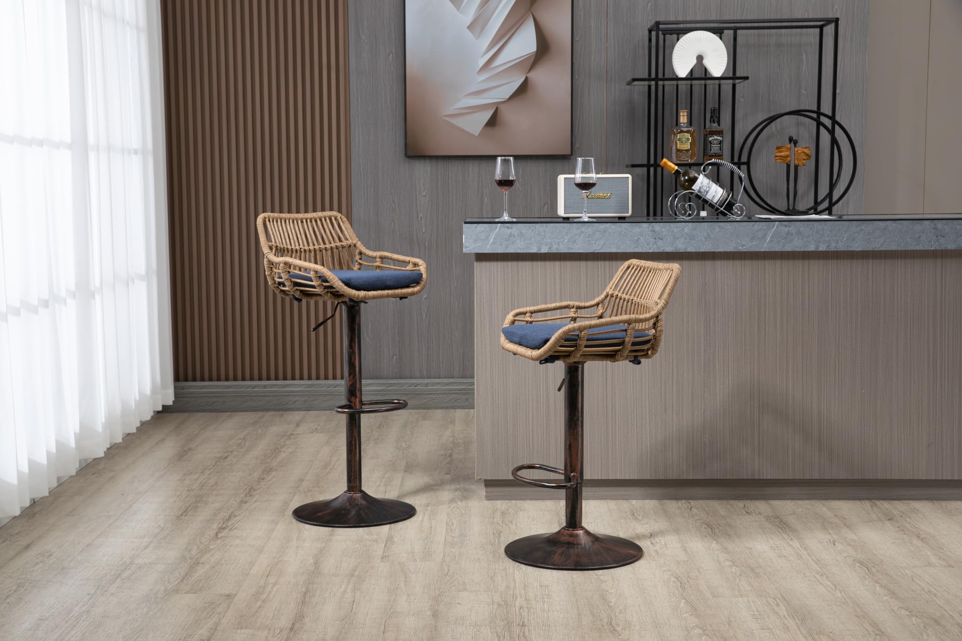 2-Pack Swivel Bar Stools with Adjustable Height - Rattan Counter Stools with Linen Cushion & Metal Base, Footrest - Blue Kitchen Island Chairs for Dining Room, Pub, or Breakfast Nook