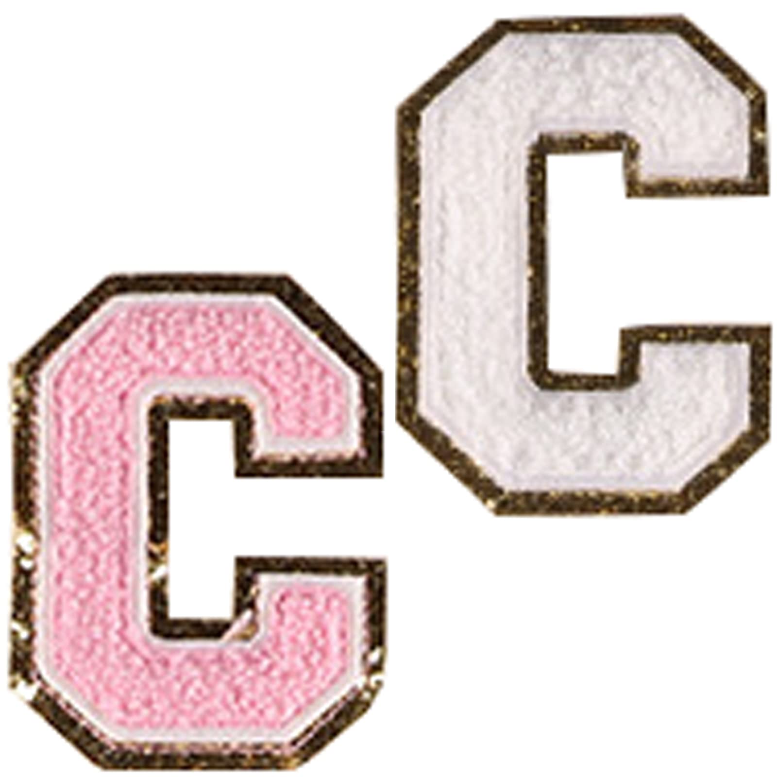 Custom Iron-On Letter Patches with Gold Glitter Border - Varsity Initial Patches for Jackets, Bags & DIY Crafts (Pink & White, 2-Pack) - Perfect for Personalizing Denim, Backpacks & Team Apparel