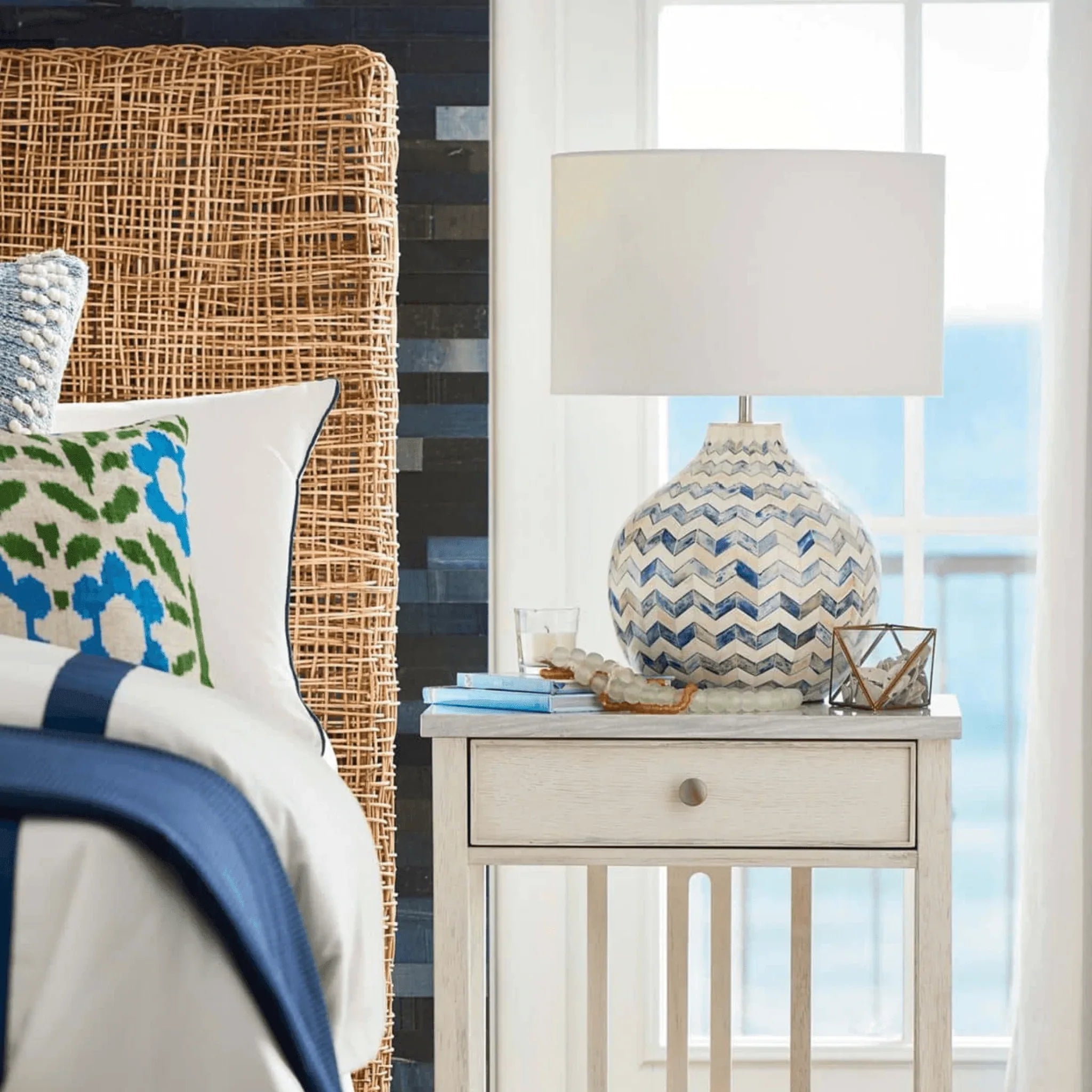 Chevron Bone Table Lamp in Indigo - Modern Nightstand & Bedside Lighting for Bedroom, Living Room, or Office Decor