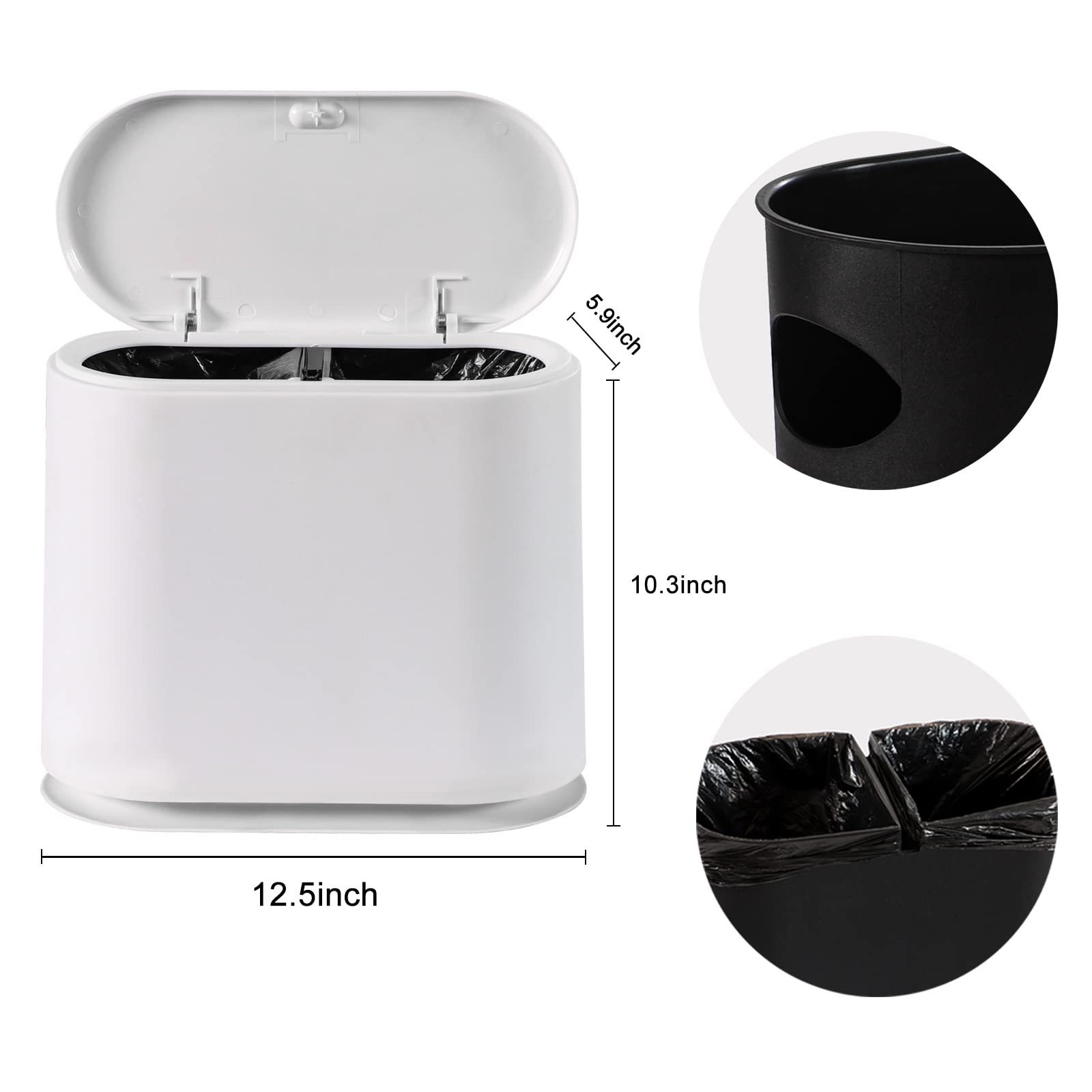 PENGKE 2.11 Gallon Slim Plastic Trash Can with Press-Top Lid, 8L Waste Basket with Removable Liner, Modern White Garbage Bin for Bathroom, Living Room & Bedroom - Perfect for Small Spaces & Home Office Organization