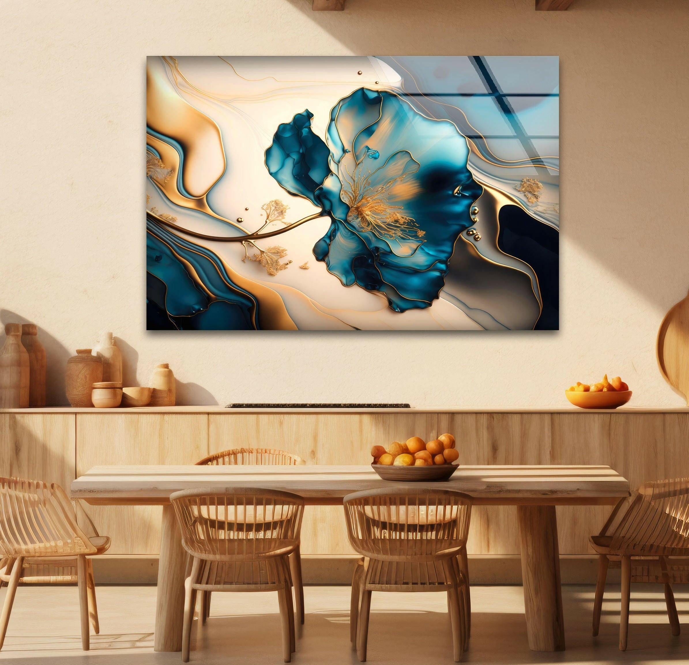 Blue Marble Flower Glass Wall Art - Elegant Handmade Home Decor for Living Room, Bedroom & Office - Perfect for Modern & Boho Interior Design