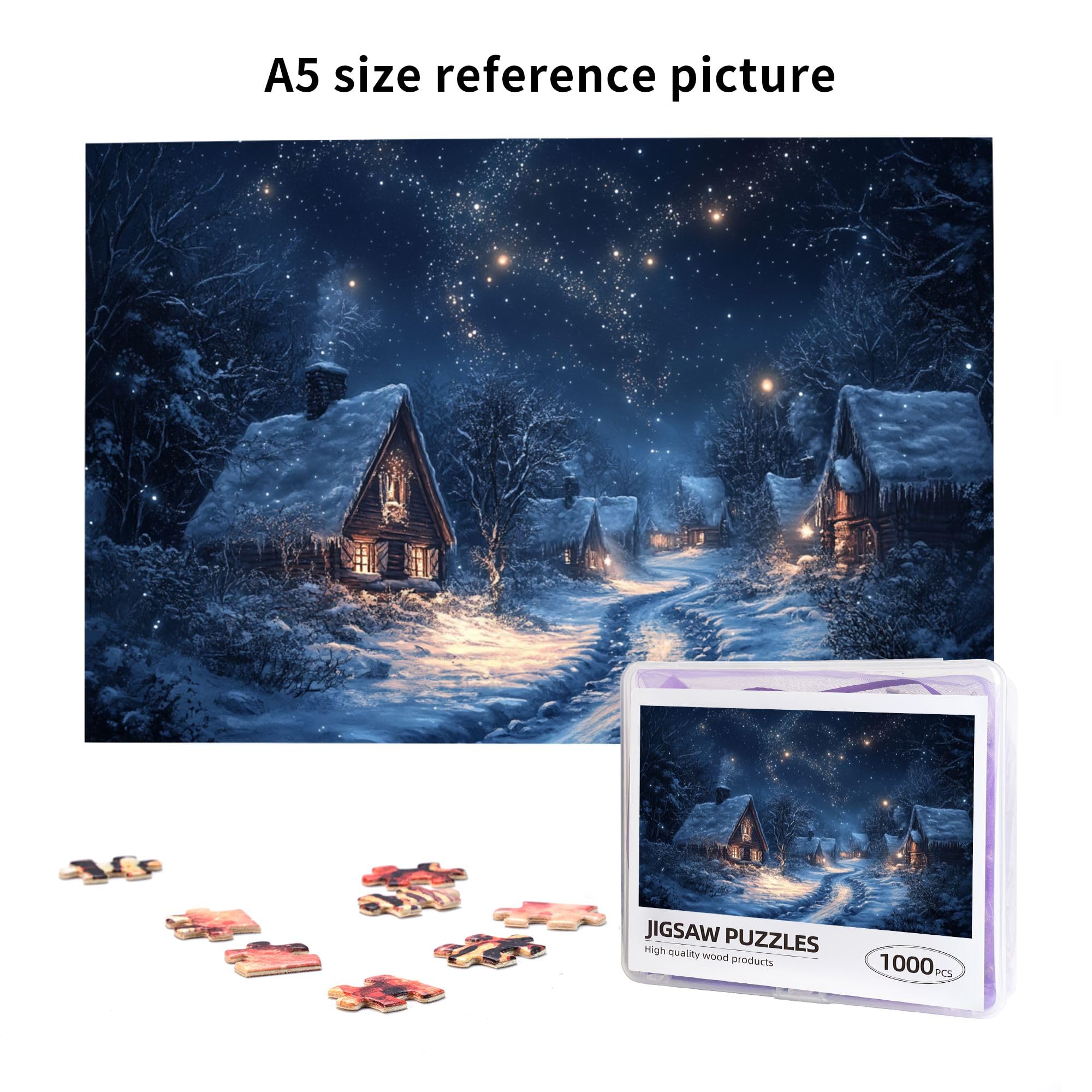 1000-Piece Quiet Village Winter Night Jigsaw Puzzle for Adults - Wooden Christmas Holiday Puzzle with Festive Illustrations, Perfect for Mind Relaxation & Family Game Night