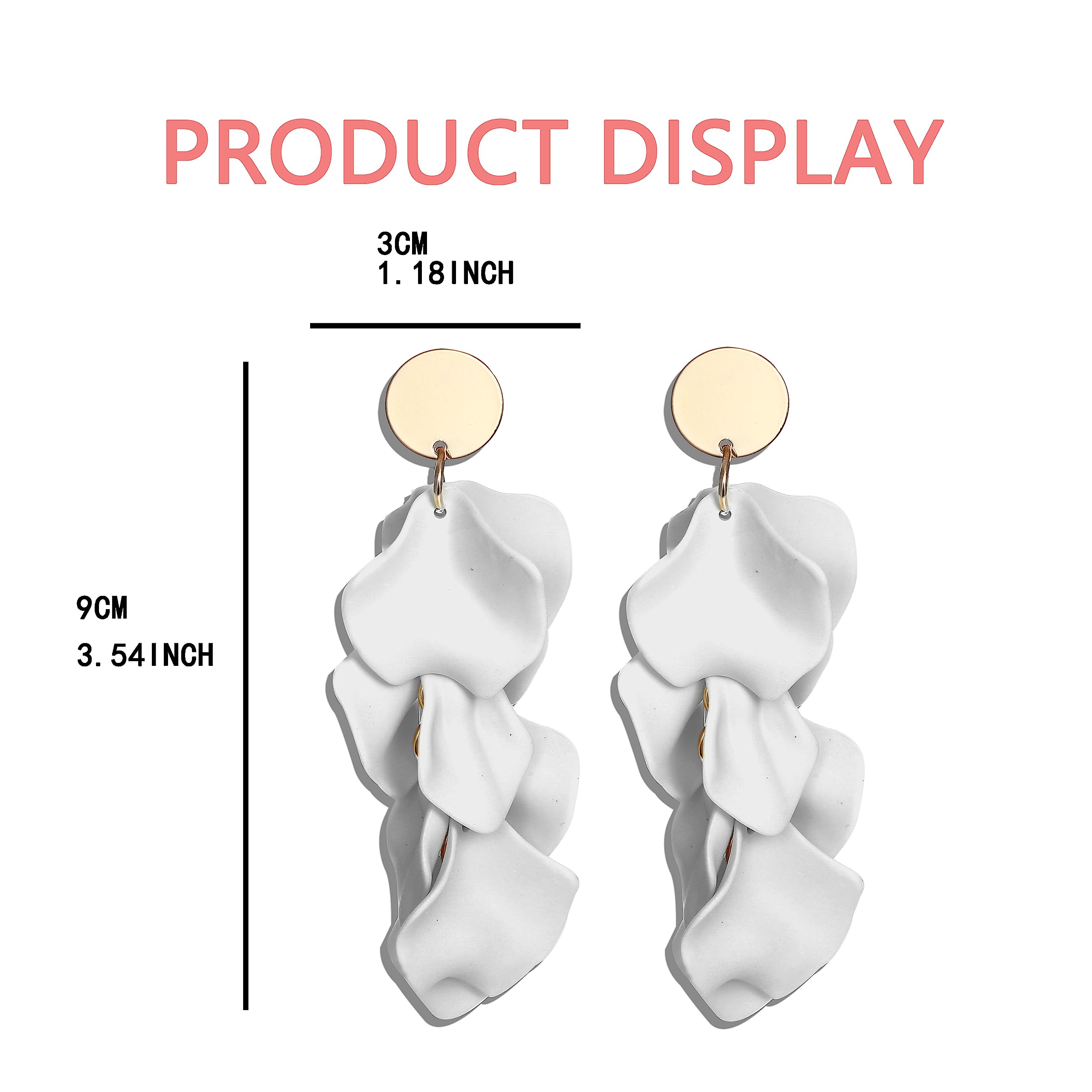 FIBO STEEL Clip-On Rose Petal Dangle Earrings for Women - Acrylic Floral Statement Jewelry in Red, White, Black, Hot Pink & Orange - Perfect for Boho Chic, Wedding & Party Accessories