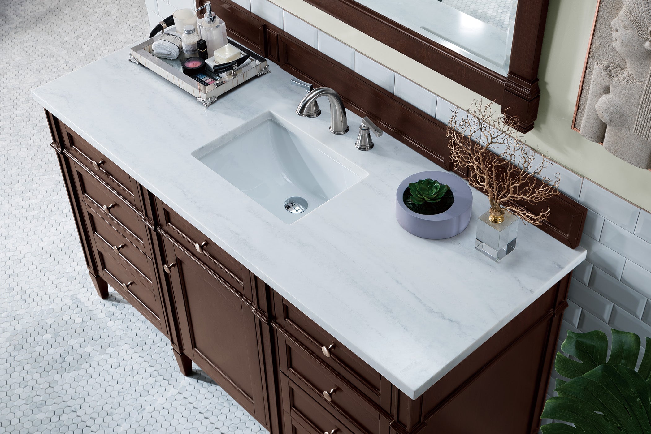 Brittany 60-Inch Burnished Mahogany Single Bathroom Vanity with 3CM Arctic Fall Solid Surface Countertop - Perfect for Modern Master Bathrooms and Powder Rooms