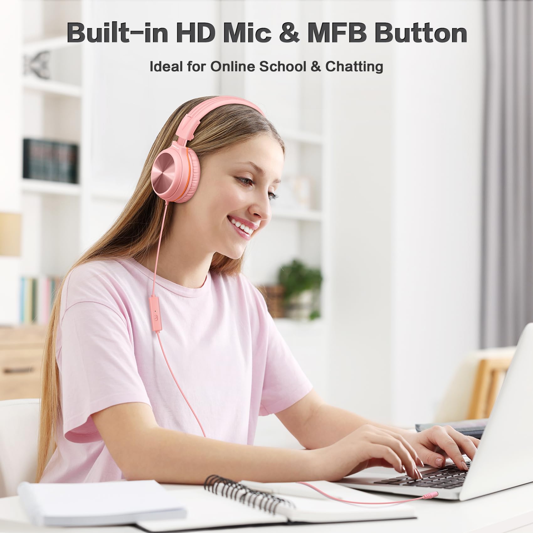 SIMOLIO Kids Wired Headphones with Microphone - Volume Limited (85dB/94dB/104dB) Foldable Lightweight Headset with Share Port & Carrying Bag for School, Travel, Home Use - Compatible with Cellphones, Tablets, Laptops & PCs