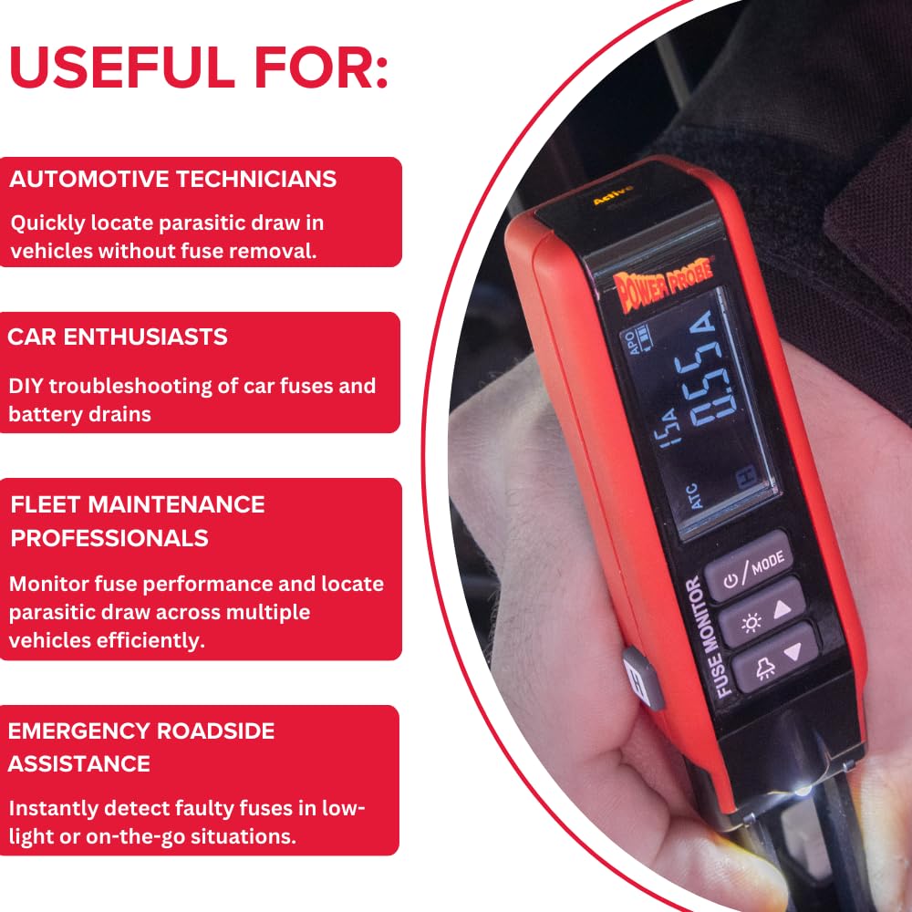Power Probe PPFUSE Fuse Monitor - Circuit Tester for Mini, Maxi & ATC Fuses with Live Current Readings Up to 80A - Replaceable Tips & Built-in Flashlight for Automotive Electrical Diagnostics & Emergency Repairs