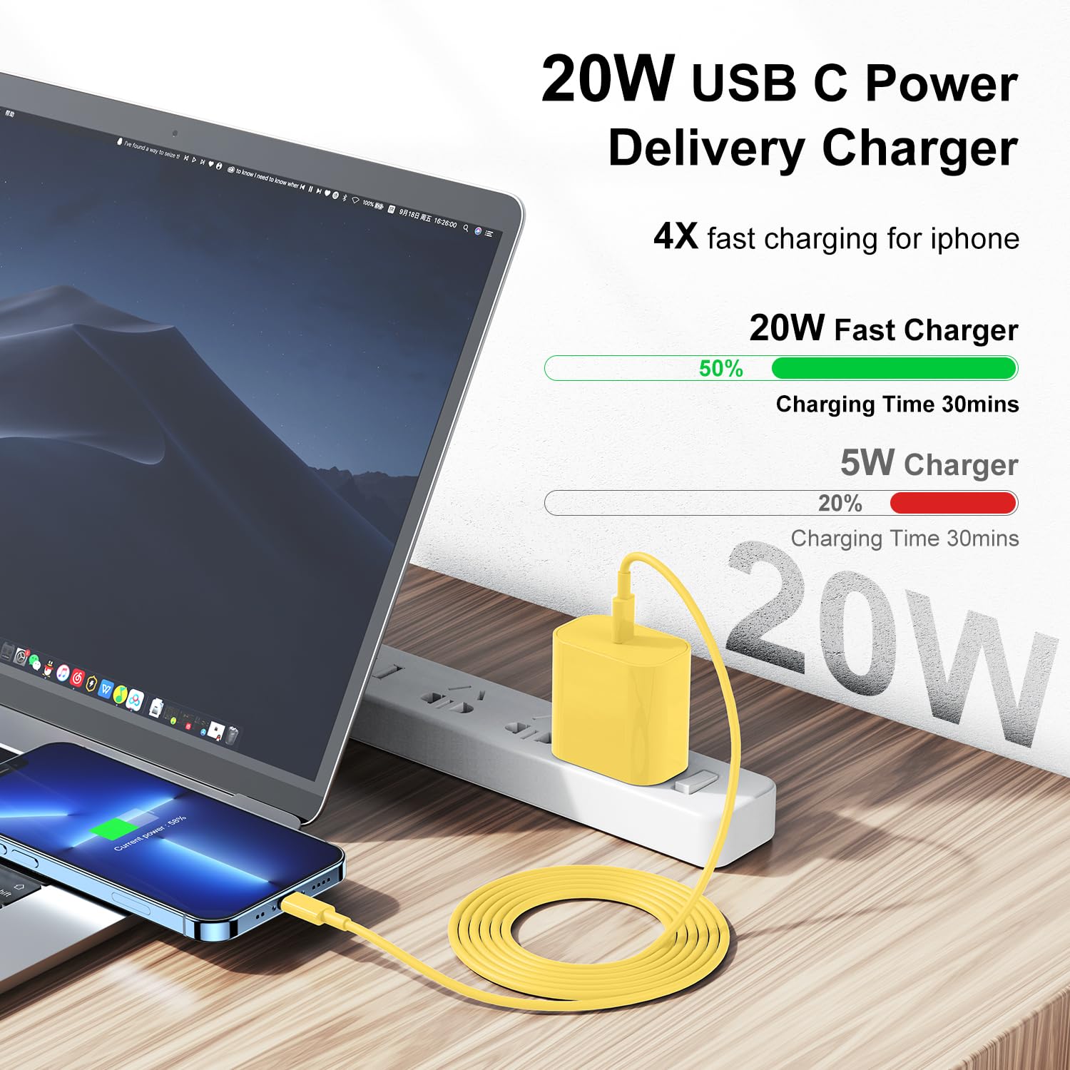 Fast Charging USB C to Lightning Cable [6FT+10FT] - 20W USB C Charger Block for iPhone 14/13/12 Pro Max - Durable Phone Charger Cord (White+Yellow) - Perfect for Home, Office & Travel Charging