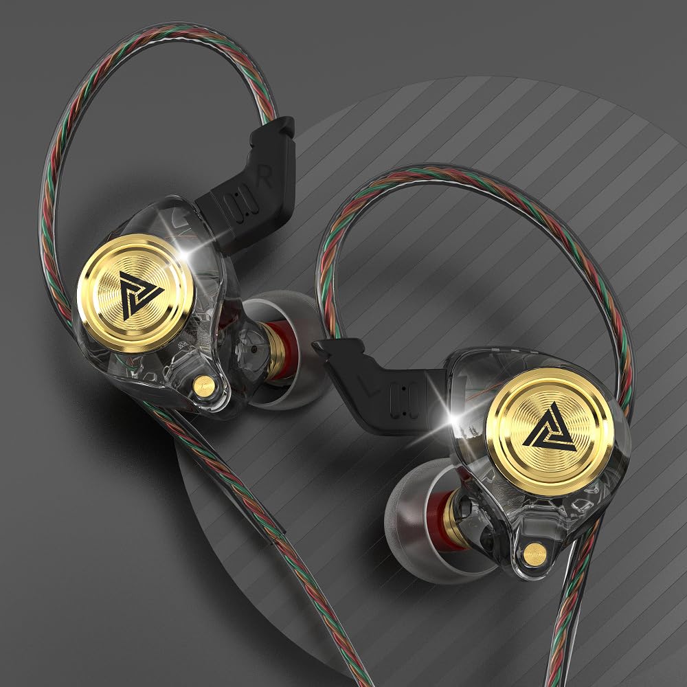 Premium Wired Earbuds with Microphone - Heavy Bass & Zero Latency IEM Headphones for Audiophiles - 3.5mm Jack Earphones (Transparent Black/Gold) - Perfect for Gaming, Music, Calls & Workouts - CABLEDUCK QKZ