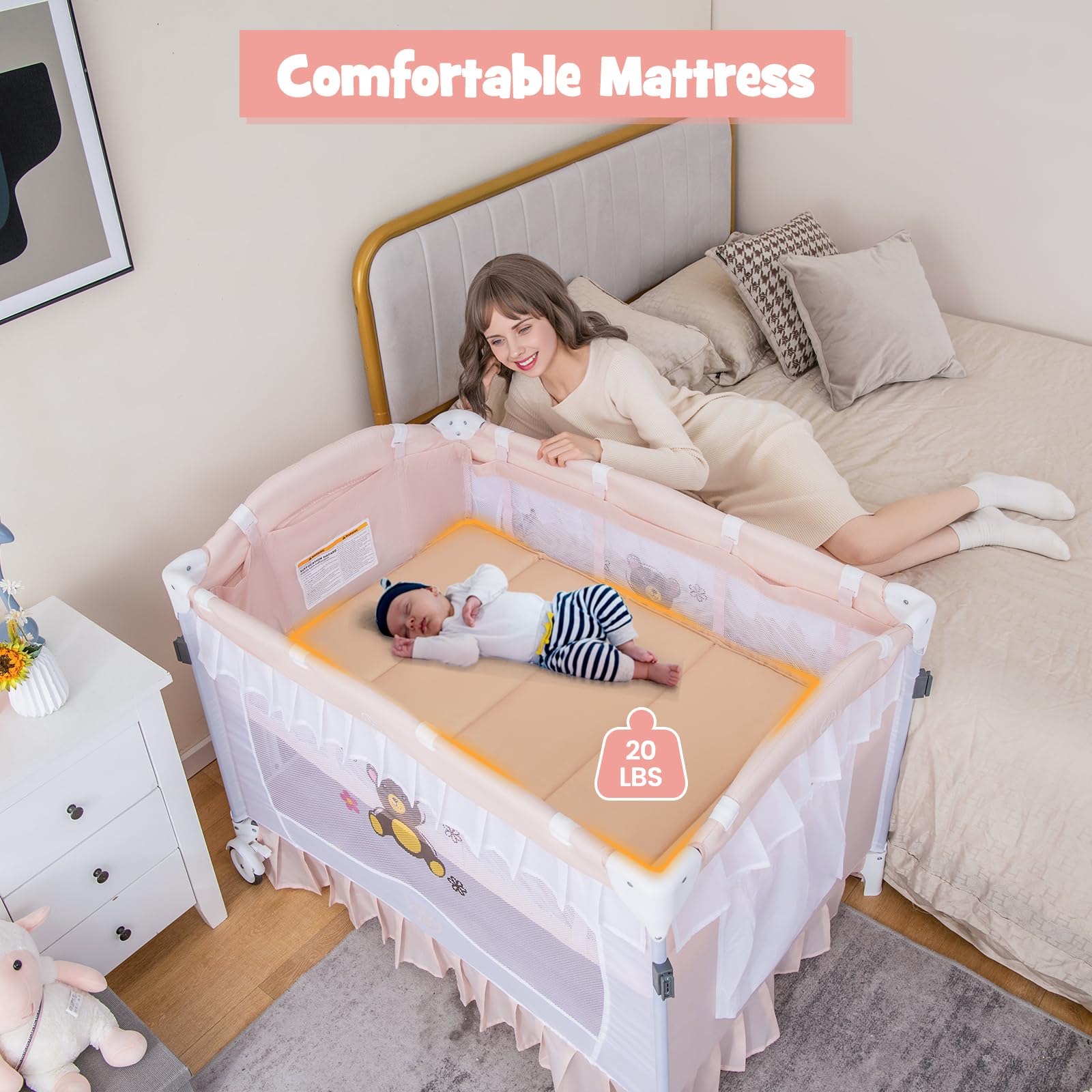 BABY JOY 4-in-1 Portable Playard with Canopy & Bassinet - Foldable Baby Crib with Wheels & Brake for Newborn to Toddler - Perfect for Travel, Nursery & Playtime (Pink)