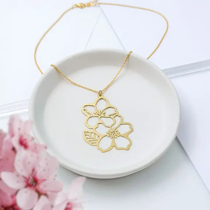Cherry Blossom Gold Tea Leaf Necklace - Elegant Floral Jewelry for Women, Perfect for Spring Outfits, Weddings & Special Occasions