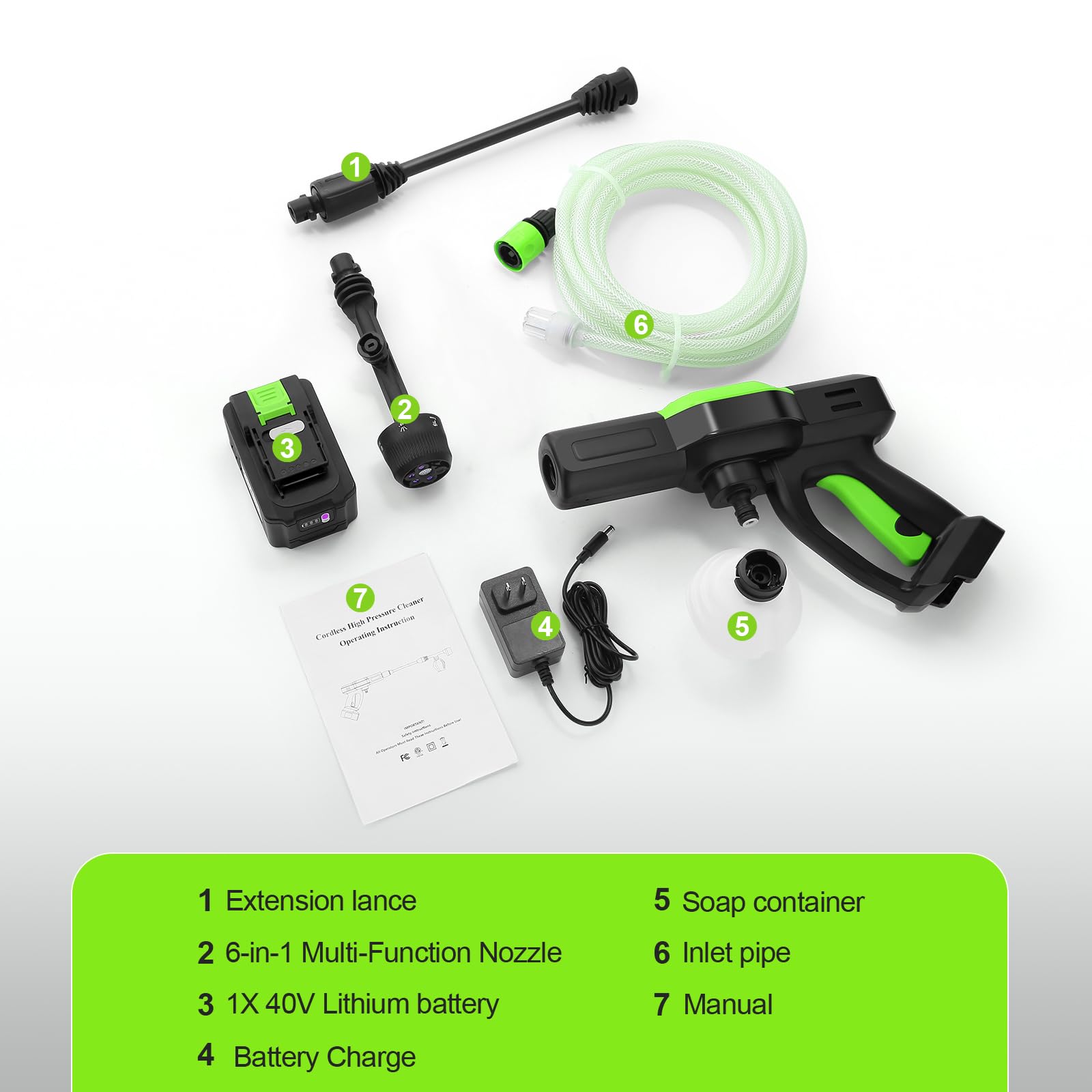 Homdox 960 PSI 40V Cordless Pressure Washer with Rechargeable Battery - Portable Power Washer with 6-in-1 Nozzle, Soap Container & Charger - Ideal for Car Washing, Patio Cleaning & Outdoor Home Maintenance (Black & Green)