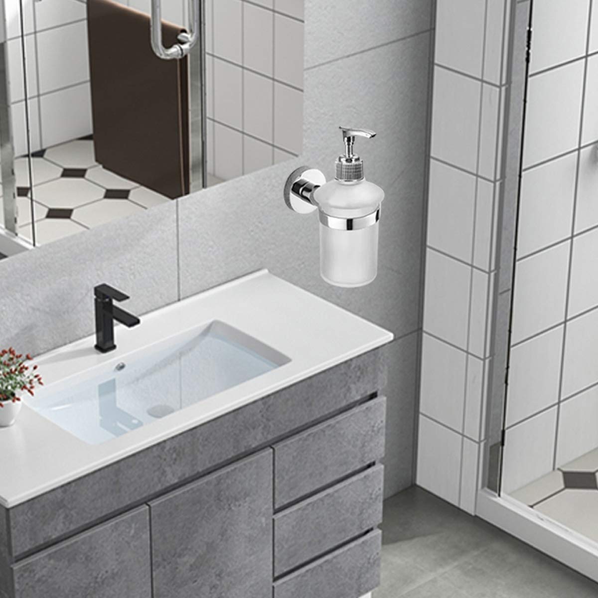 Stainless Steel Wall Mount Soap Dispenser - SUS304 Bathroom Liquid Soap Pump with Durable Holder for Kitchen, Restroom & Lavatory Sink Area