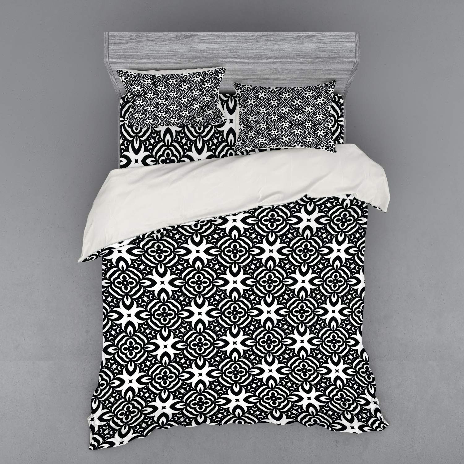 Ambesonne Black and White Duvet Cover Set - Abstract Checkered Pattern with Monochrome Floral Vintage Design | 4-Piece Queen Size Bedding Set Includes Shams & Fitted Sheet | Perfect for Modern Bedrooms, Guest Rooms & Bohemian Home Decor