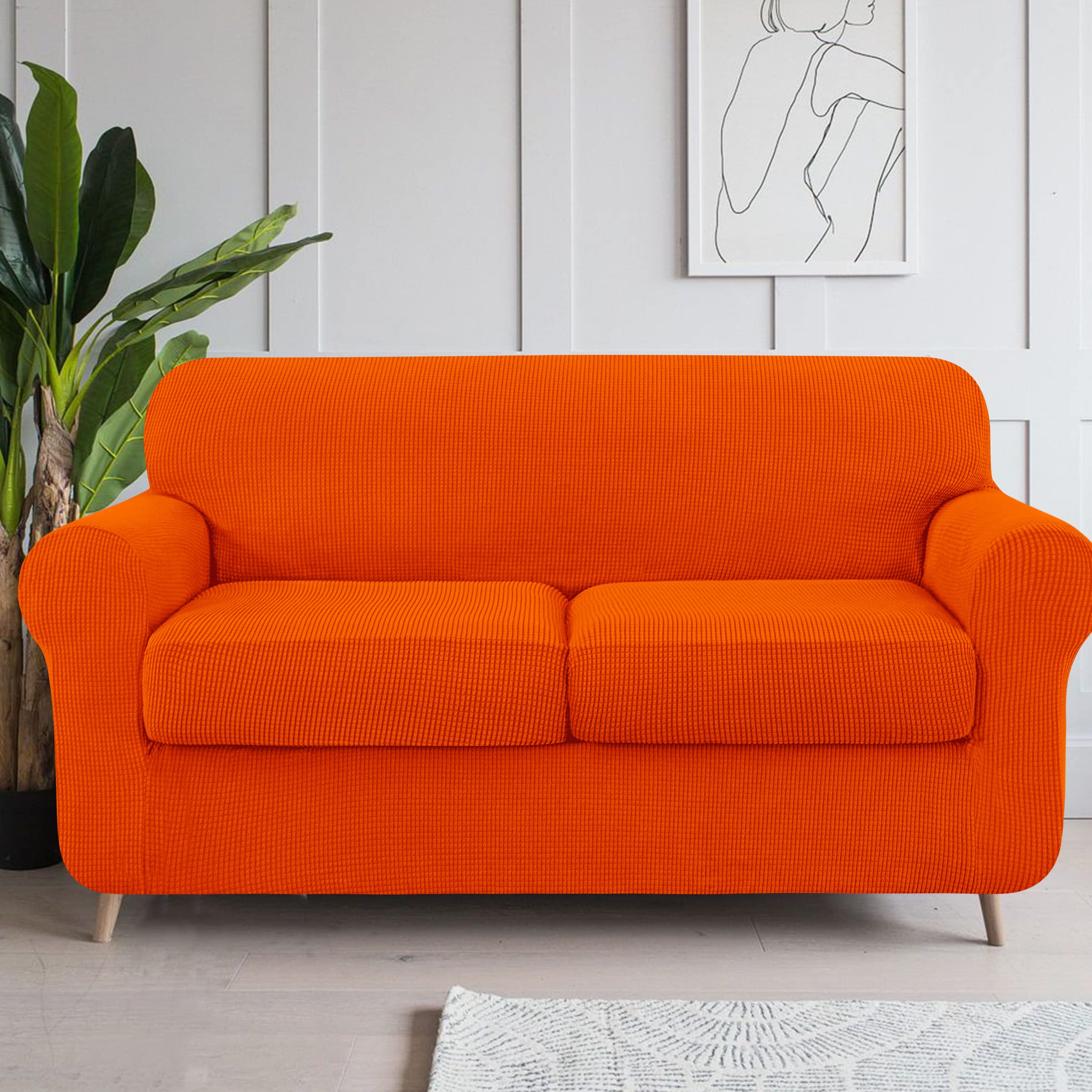 SUBRTEX Stretchable Sofa Slipcover with Separate Cushion Covers - 2 Seater & 3 Seater Couch Protector for Pets & Kids - Medium & Large Size in Orange - Perfect for Living Room Furniture Protection & Home Decor