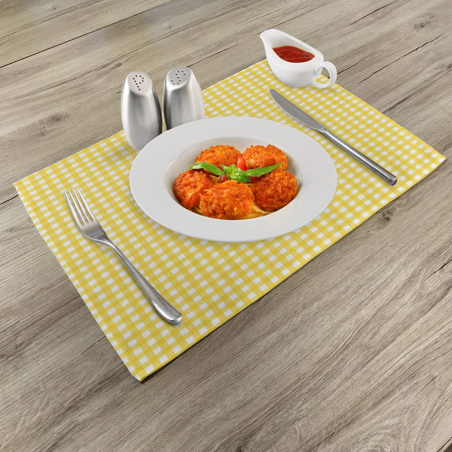 Ambesonne 4-Piece Checkered Place Mats Set - Classic English Yellow & White Striped Design, Washable Fabric Dining Table Mats for Picnic, Summer Theme, Retro Style | Perfect for Indoor & Outdoor Gatherings, Parties, and Everyday Meals
