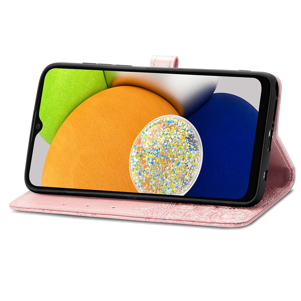 Samsung Galaxy A03 Case 5G - Leather Wallet Flip Cover with Magnetic Closure, Shockproof Protection, Card Slots & Stand Feature | Perfect for Daily Use, Travel & Business (SD Mandala Rose Gold)