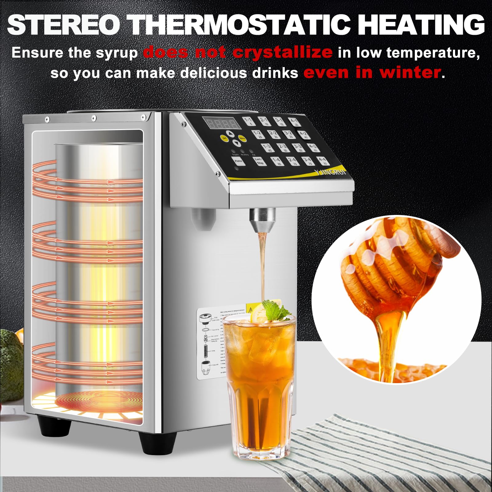 YJINGRUI 8.5L Commercial Fructose Dispenser Machine - Brushed Stainless Steel Syrup Pump for Coffee Shops, Bars & Bubble Tea Stores (110V, 16 Groups) - Perfect for High-Volume Beverage Service & Dessert Topping Applications