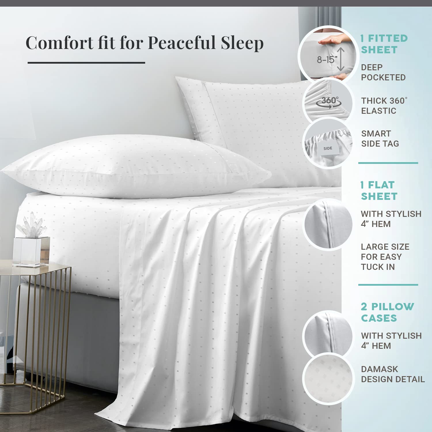 Pizuna Pure 100% Cotton King Size Sheets - 600 Thread Count Long Staple Cotton Crisp Sateen Bedding Set with 15