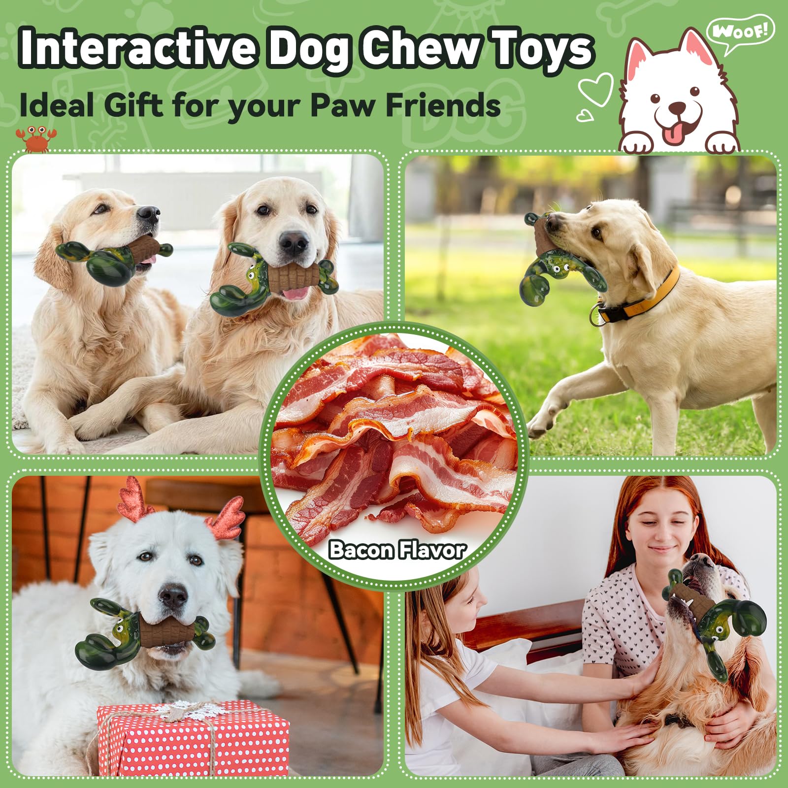 Durable Squeaky Dog Toys for Aggressive Chewers - Tough Chew Toys for Medium & Large Dogs - Interactive Indestructible Dog Toys to Keep Pets Busy - Perfect for Playtime & Training (Green)