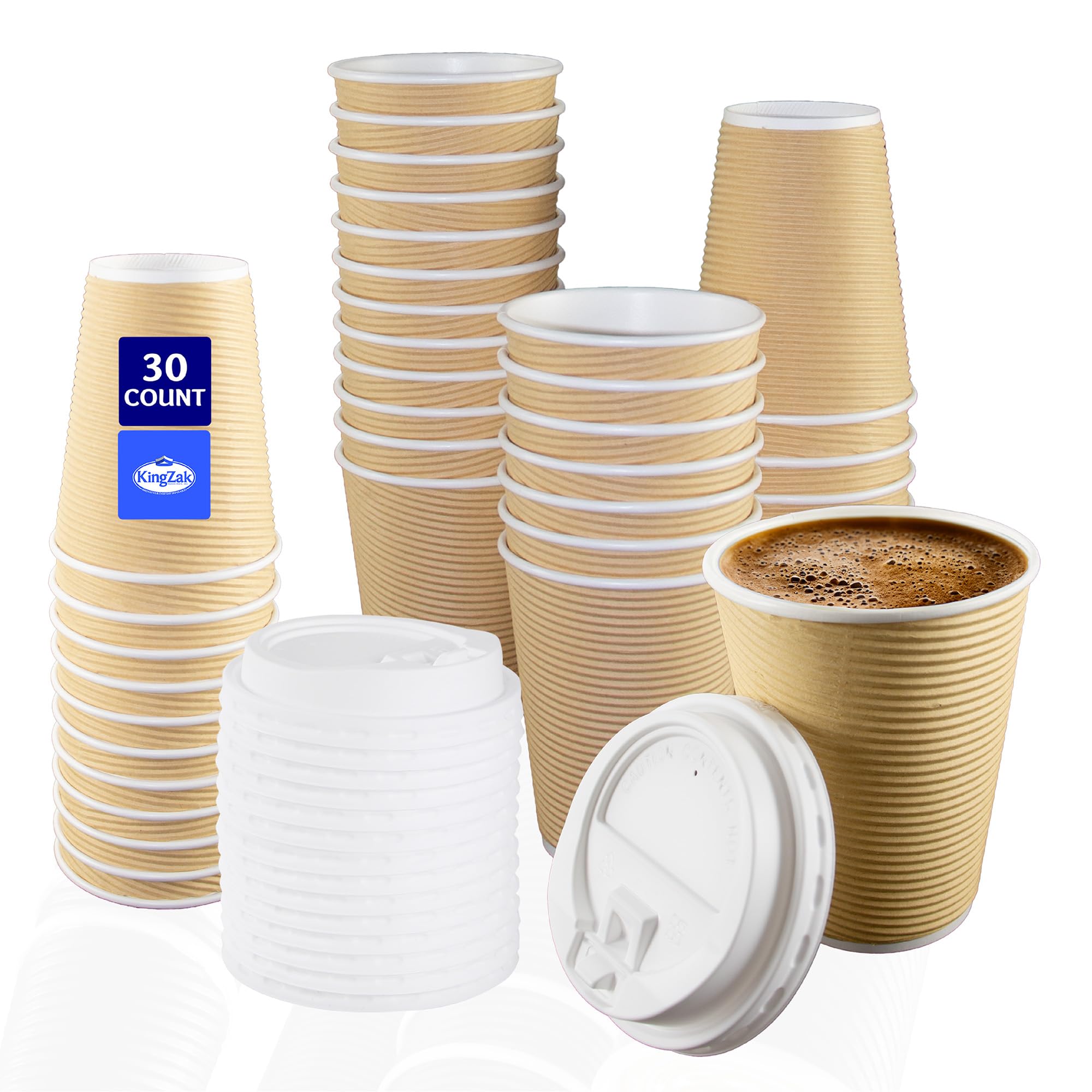 Nicole Home Collection 12 oz Double-Walled Insulated Ripple Paper Coffee Cups with Lids - Pack of 30, Tan - Hot Beverage Disposable Cups for Coffee, Tea, Hot Chocolate - Perfect for Office, Cafes, and Home Use